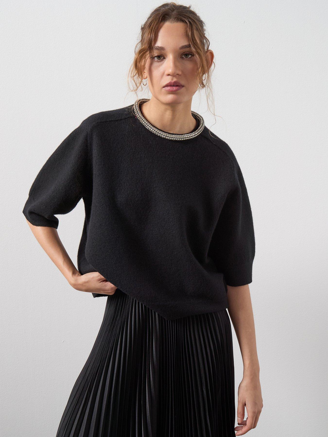 AllSaints Odell Embellished Wool T-Shirt  - Black