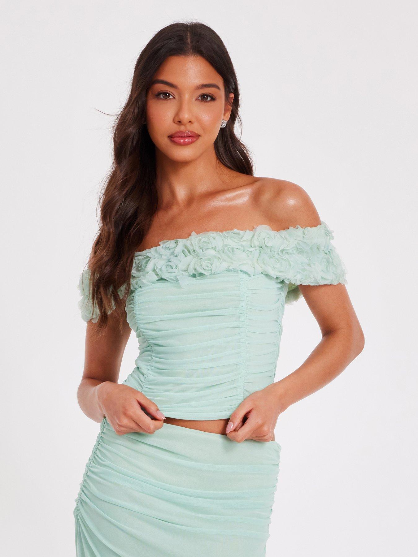 Quiz Sage Floral Mesh Top