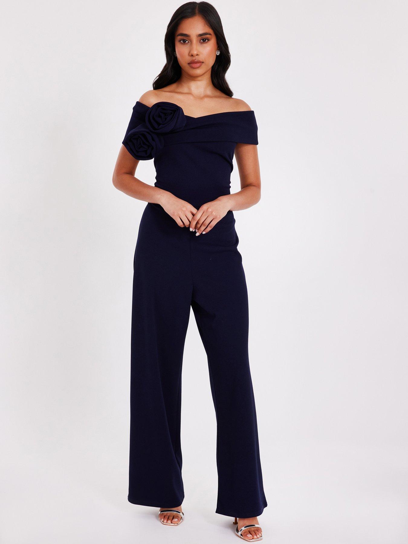 undefined Petite Navy Bardot Floral Corsage Jumpsuit