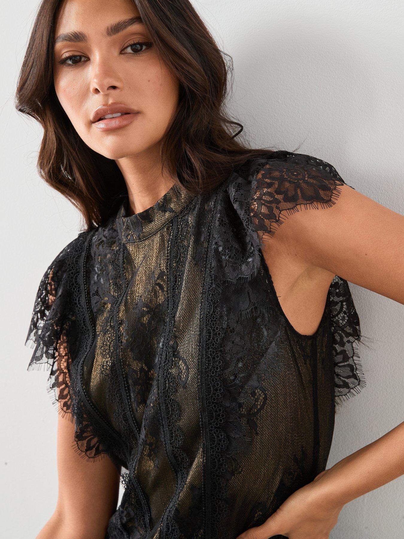 black lace dress with cutout back Dream Crush Lace-Up Back Side Split Midi Dress Black main image 0