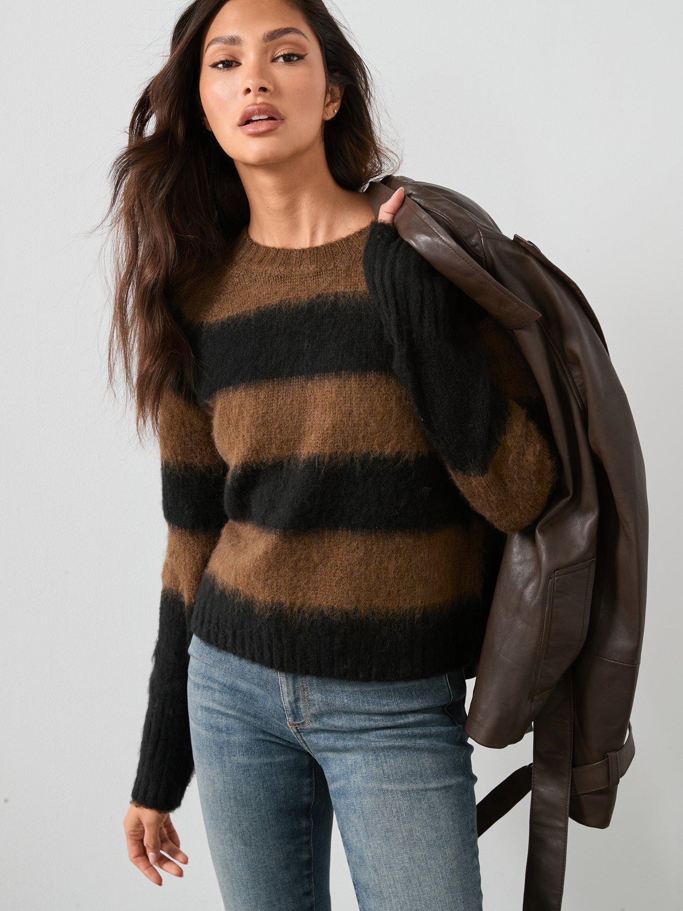AllSaints Lou Long Sleeve Striped Jumper, Black, Size L, Women
