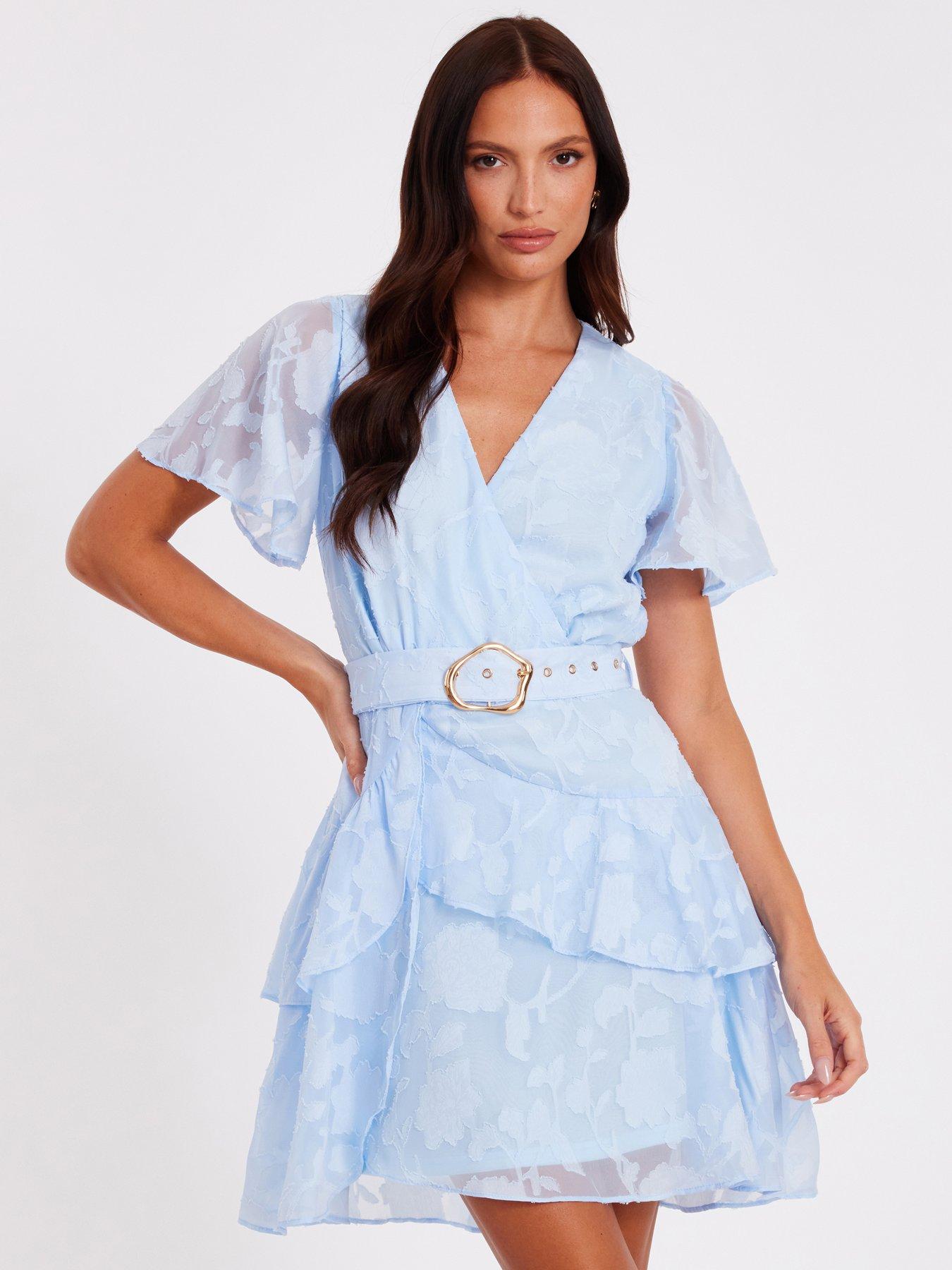 undefined Pale Blue Frill Belted Skater Dress