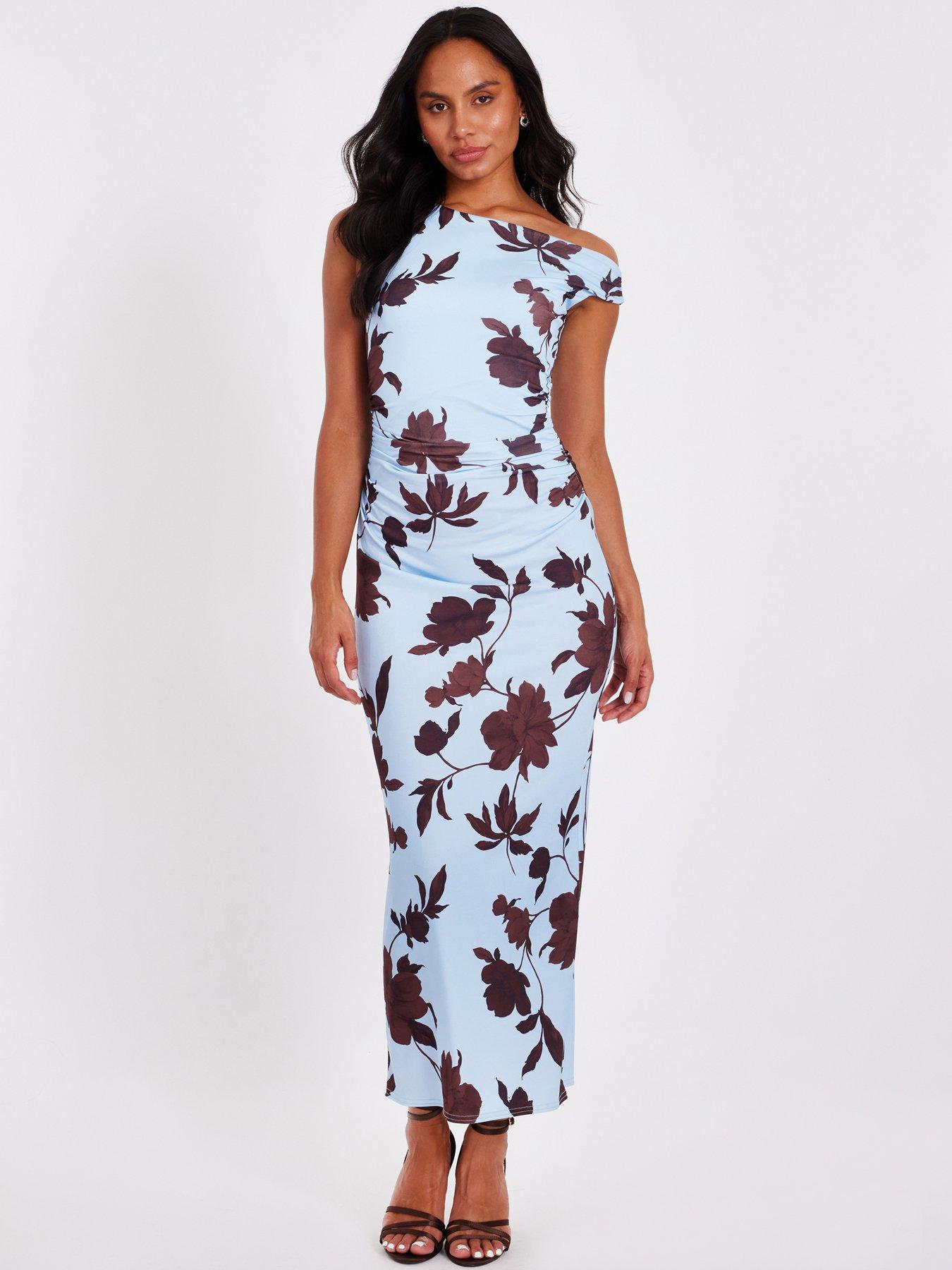 undefined Pale Blue Floral Asymmetric Midaxi Dress
