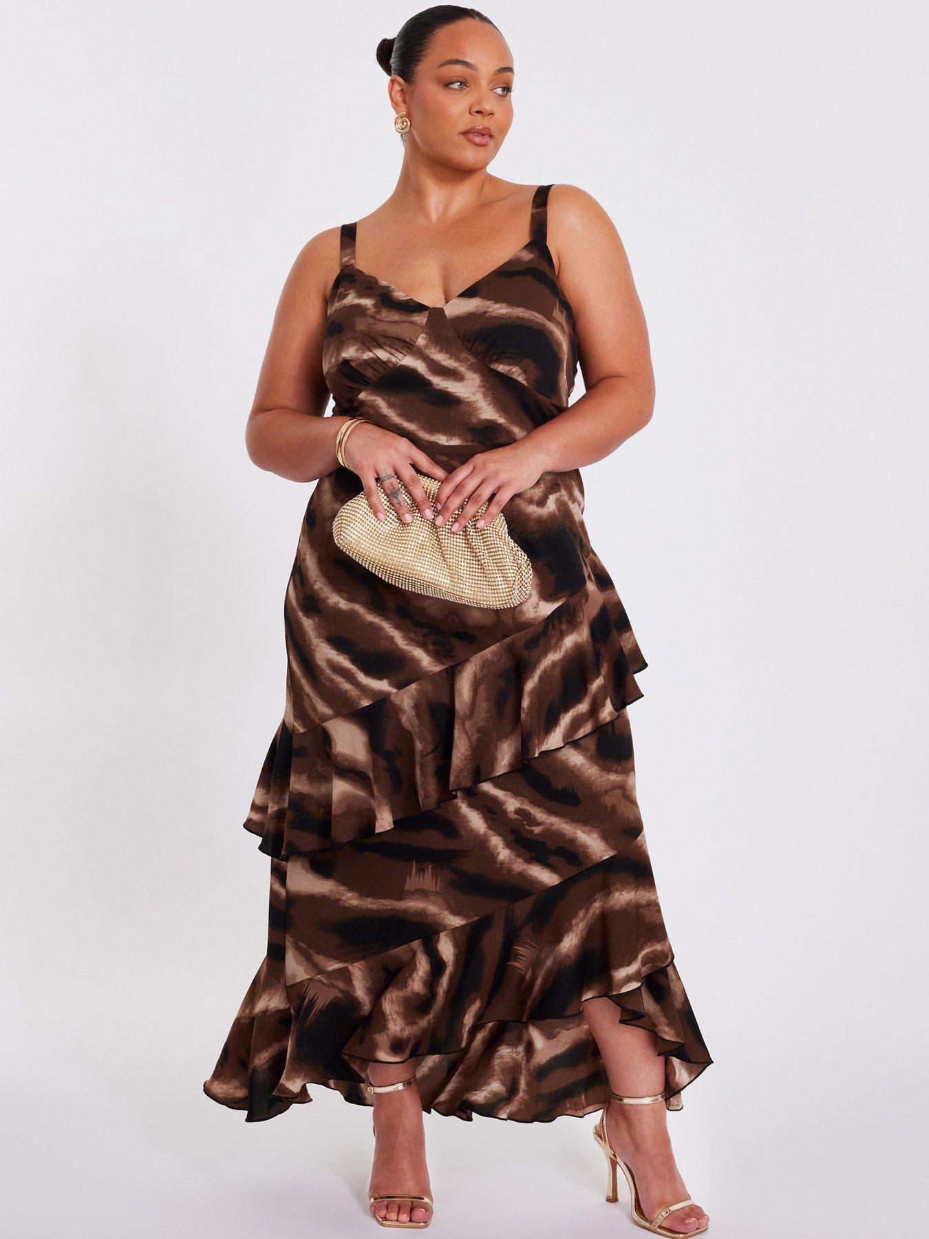 undefined Curve Brown Abstract Chiffon Midaxi Dress