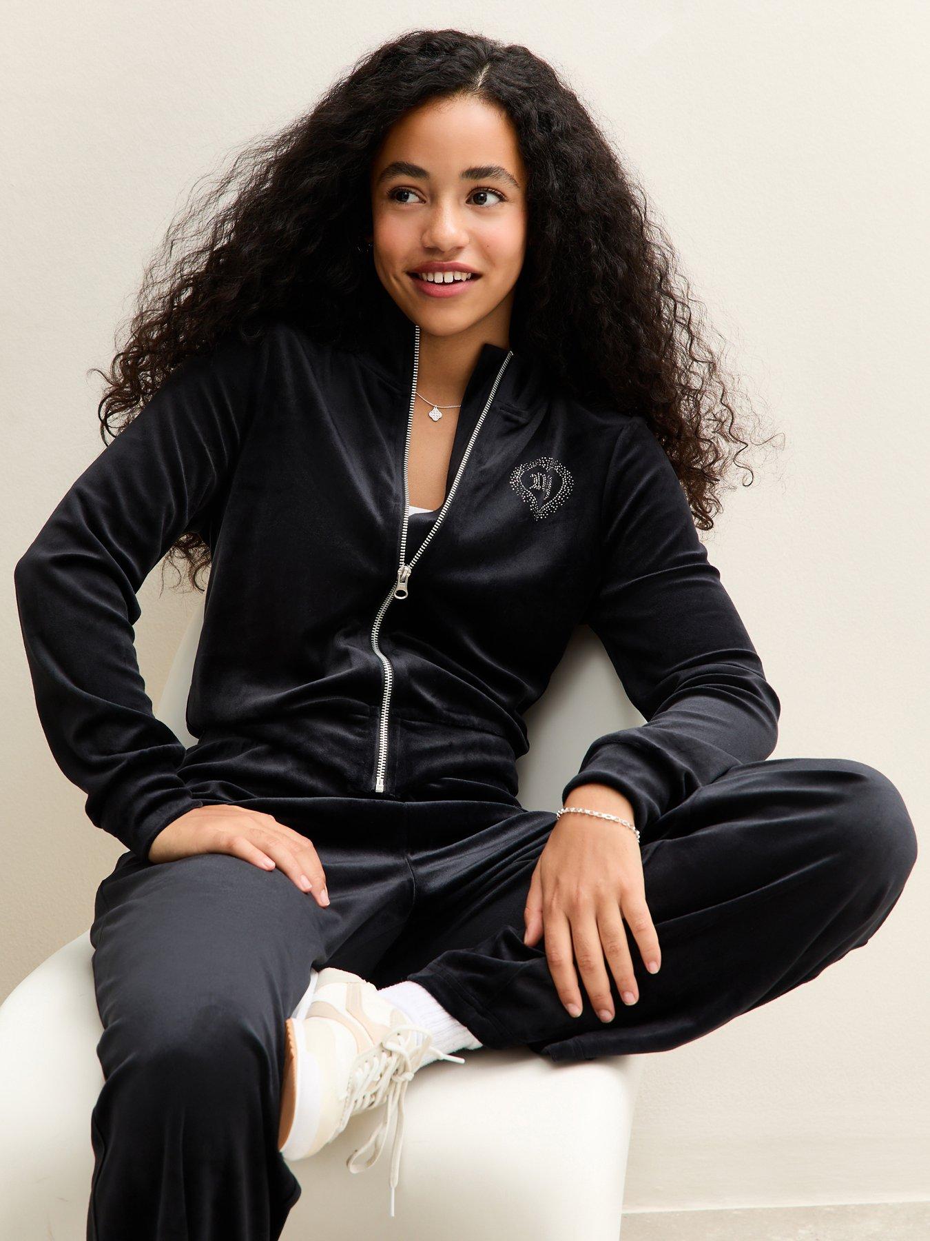 New Look 915 Girls Black Velour Diamante Embellished New York Zip