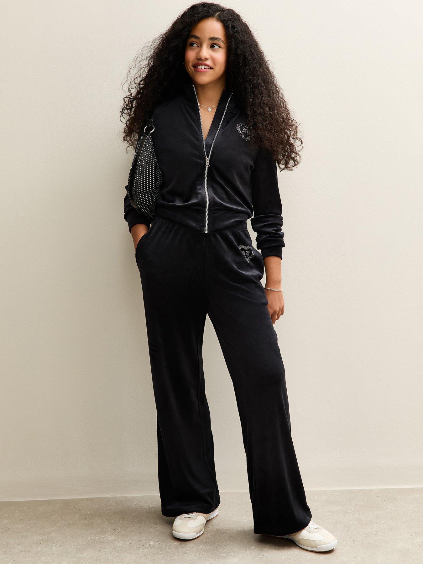 New Look 915 Girls Black Velour Diamante Embellished New York Zip