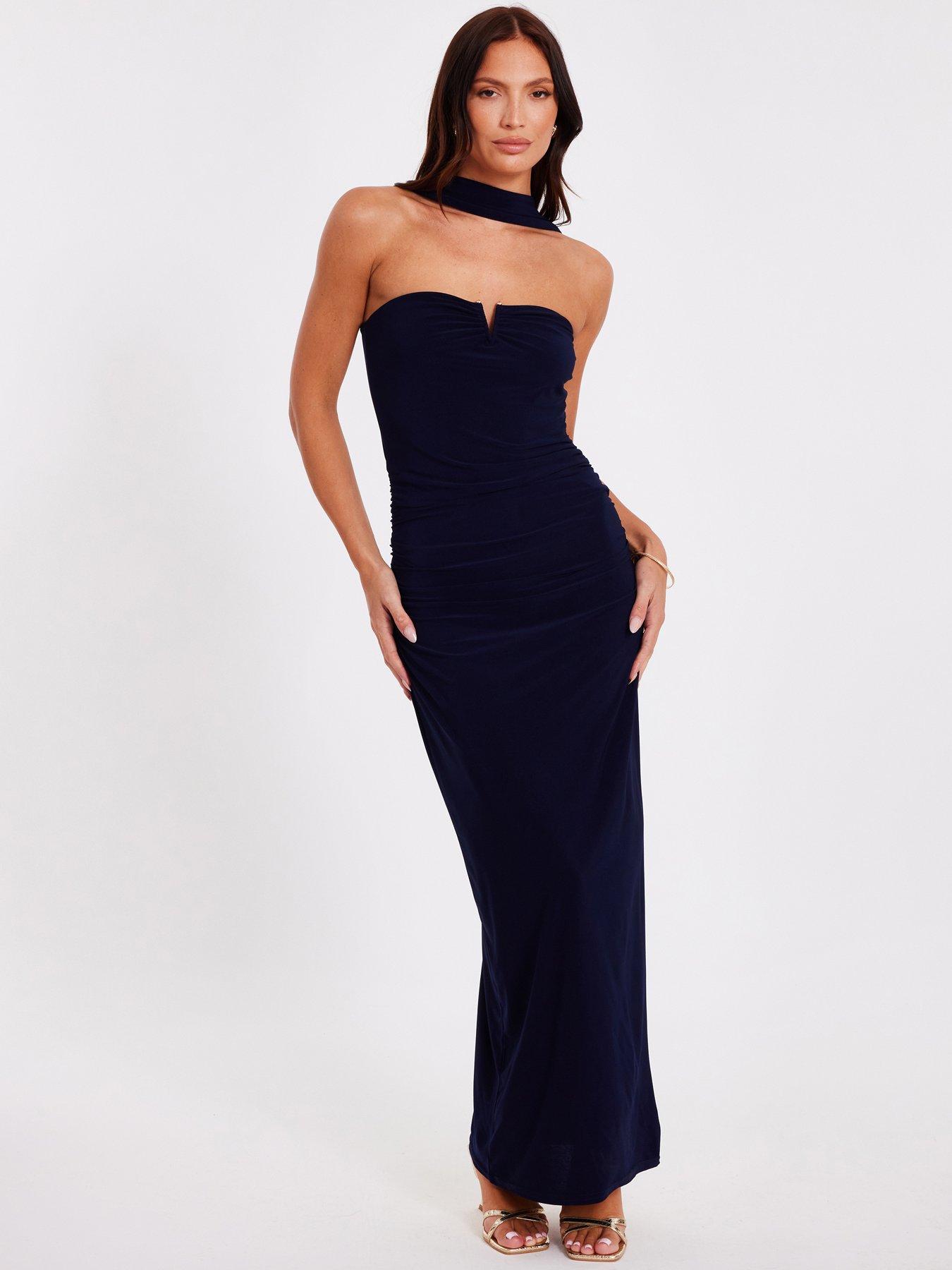 undefined Navy Collar Detail Ruched Midaxi Dress