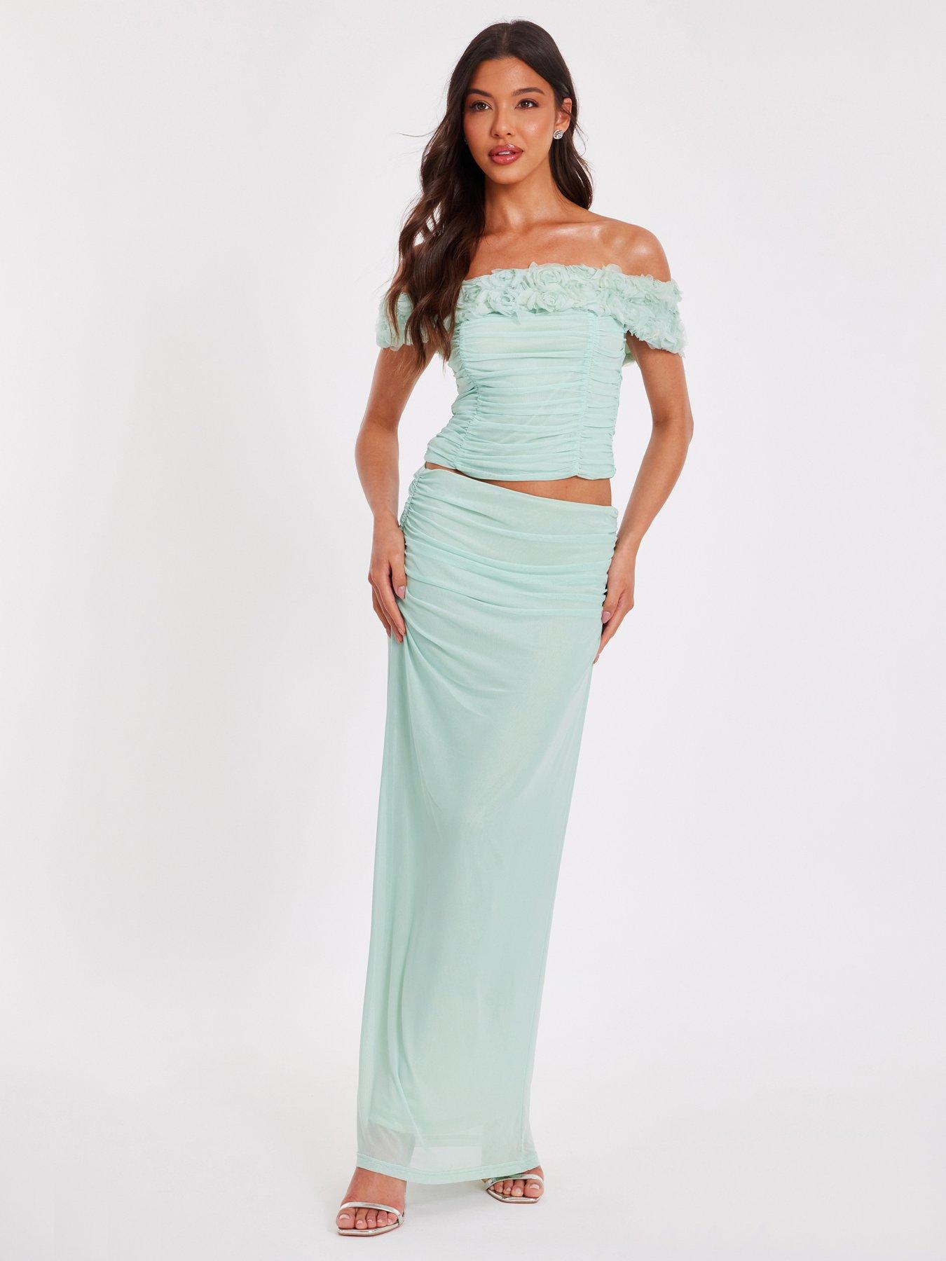 undefined Sage Mesh Ruched Midaxi Skirt