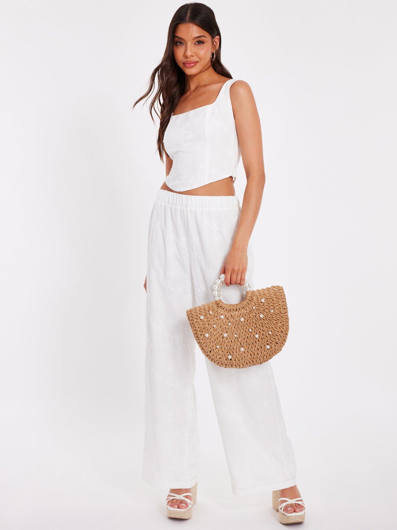 undefined White Floral Embroidered Palazzo Trousers