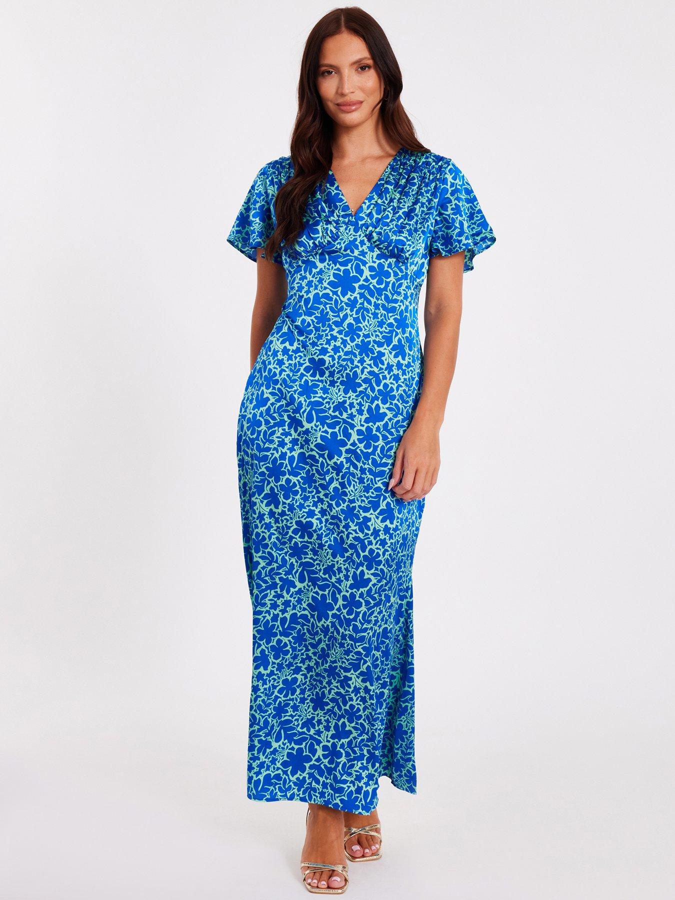 undefined Blue Satin Floral Midaxi Dress