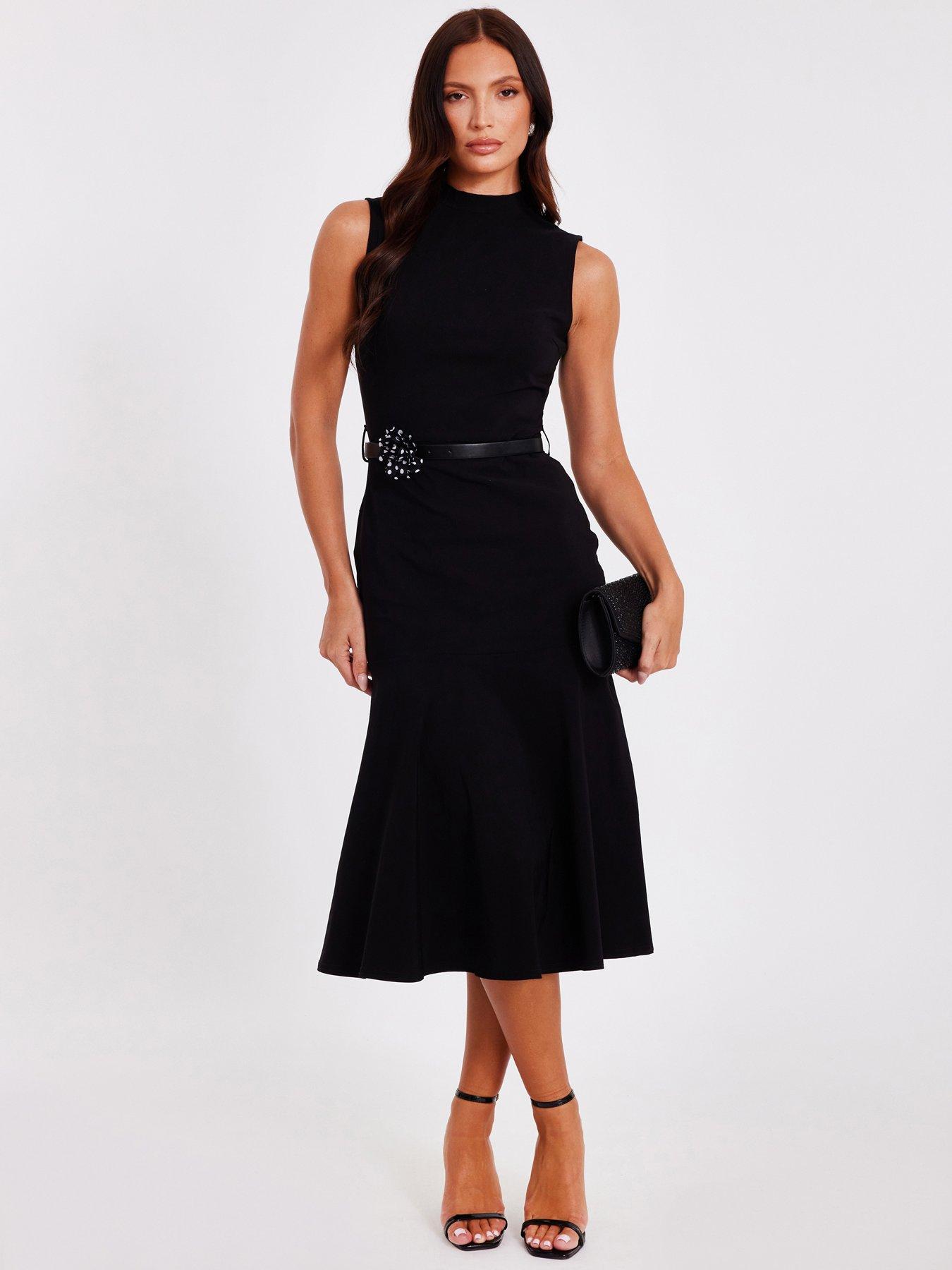 undefined Black Corsage Belt Midi Dress