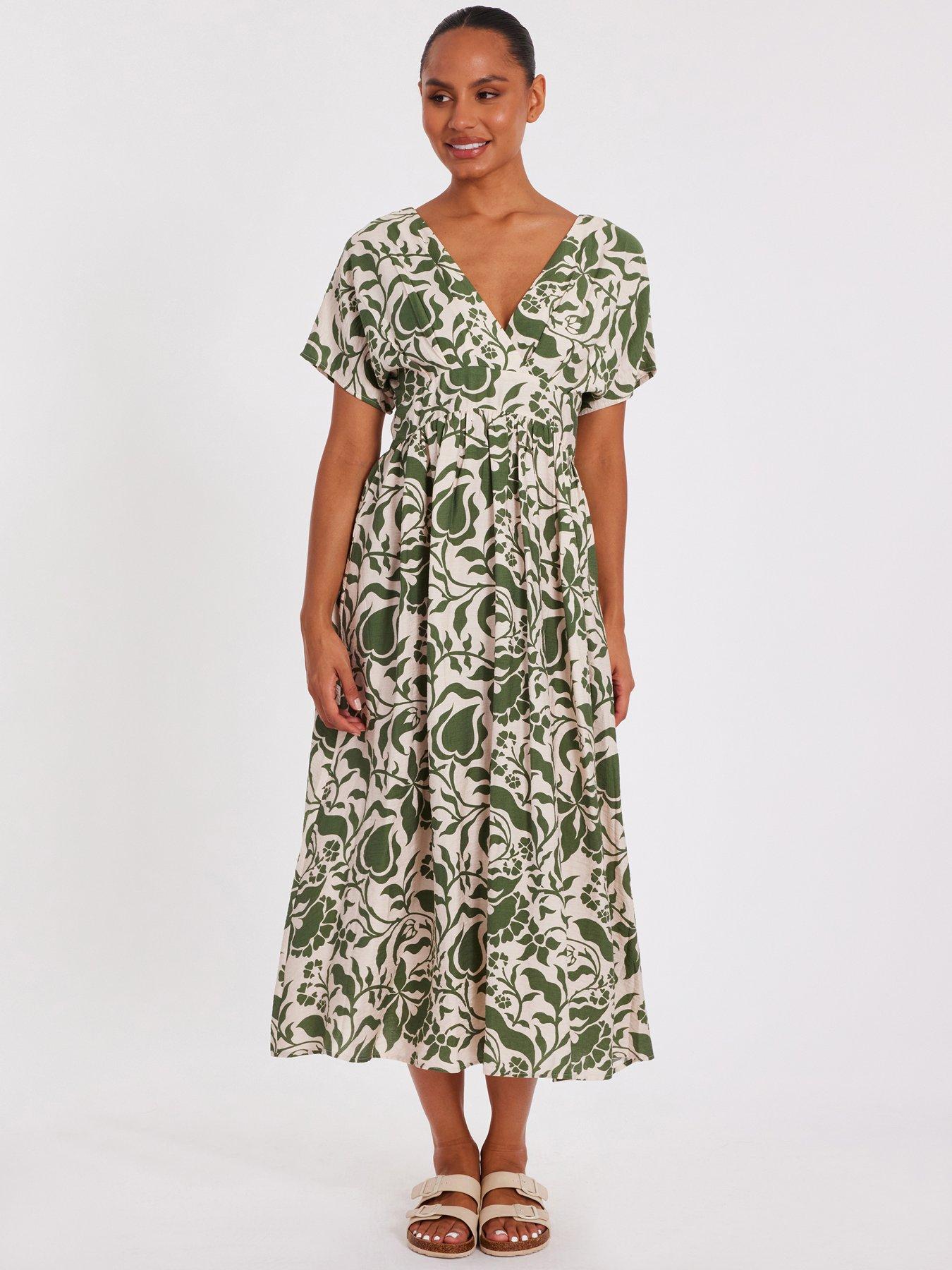 undefined Khaki Tropical Print Midaxi Dress