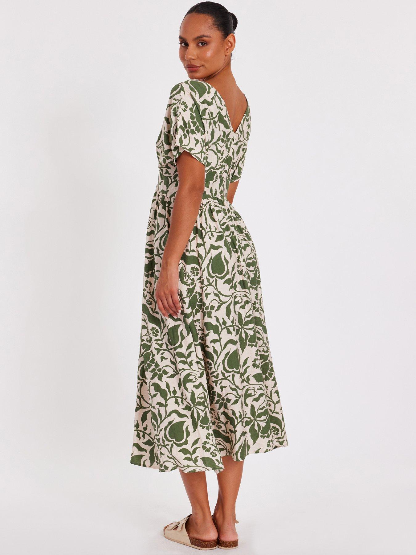 Image 2 of 6 of Quiz Khaki Tropical Print Midaxi Dress