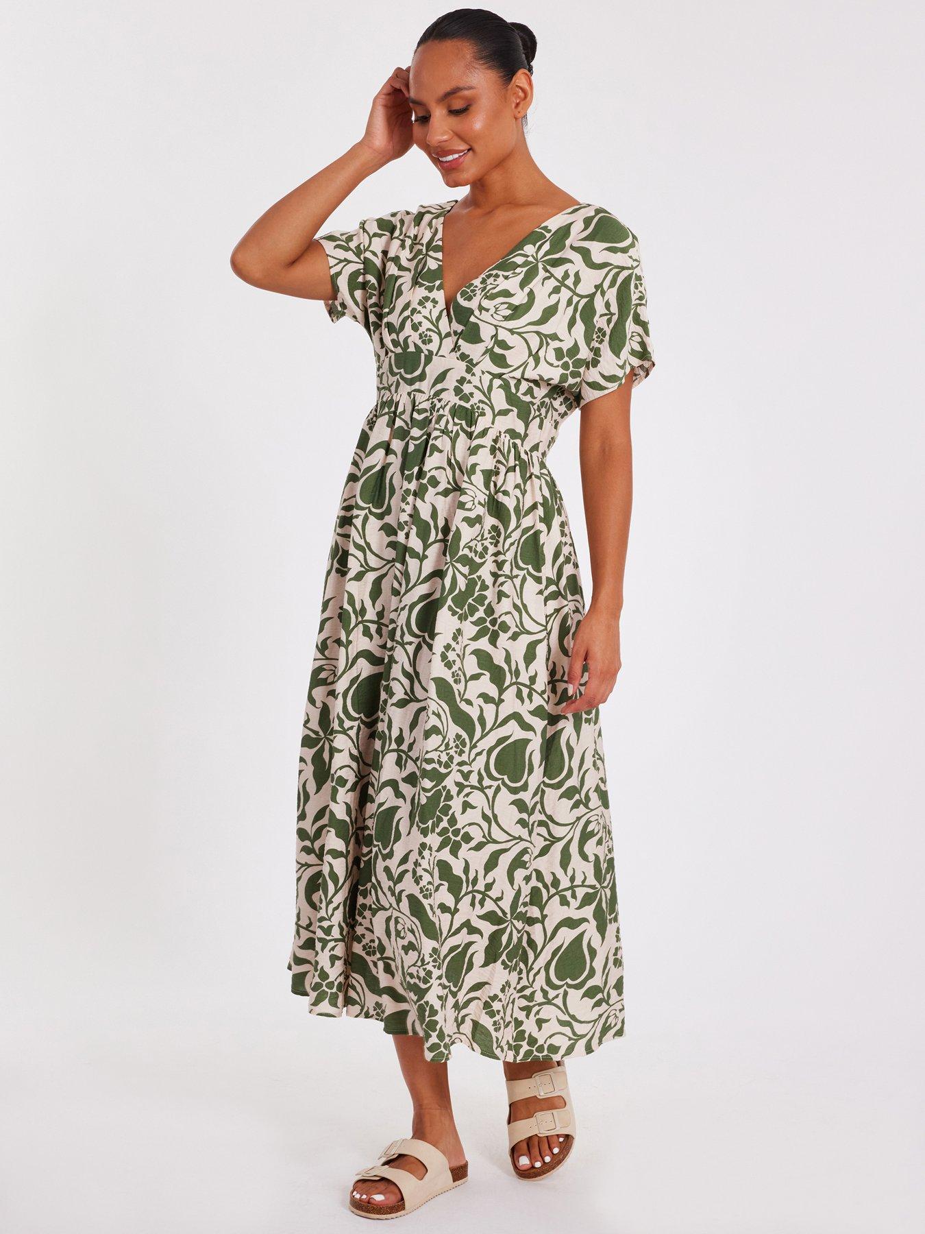 Image 3 of 6 of Quiz Khaki Tropical Print Midaxi Dress