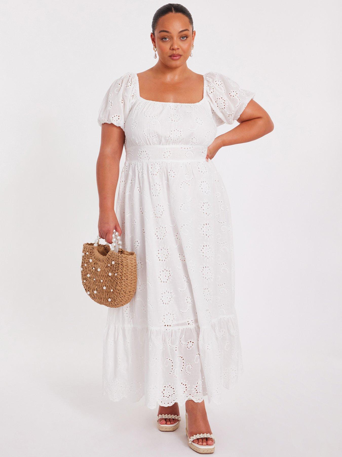 undefined Curve White Embroidered Midi Dress