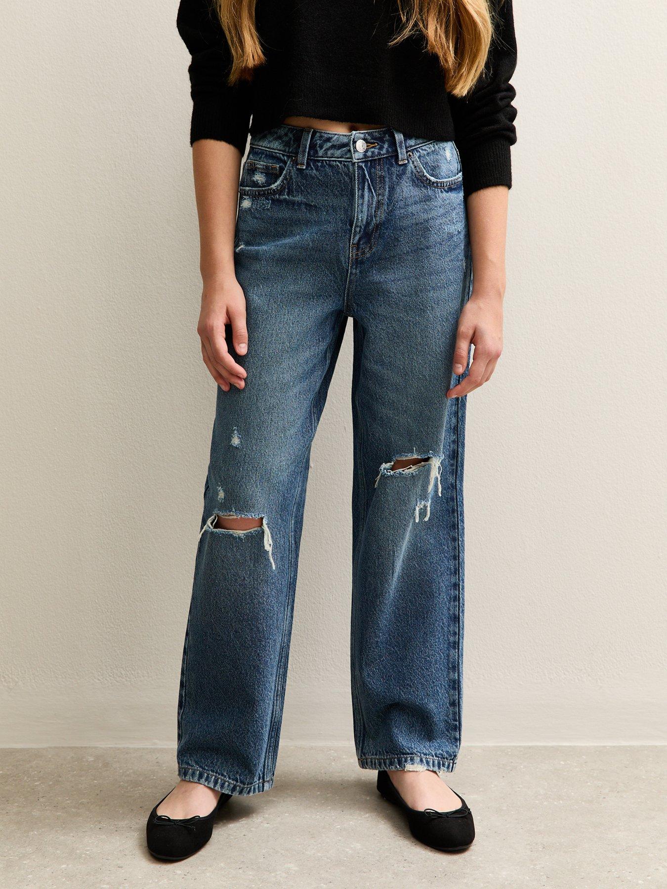 Image 1 of 5 of New Look 915 Girls Mid Ripped Knee Wide Leg Jeans - Blue