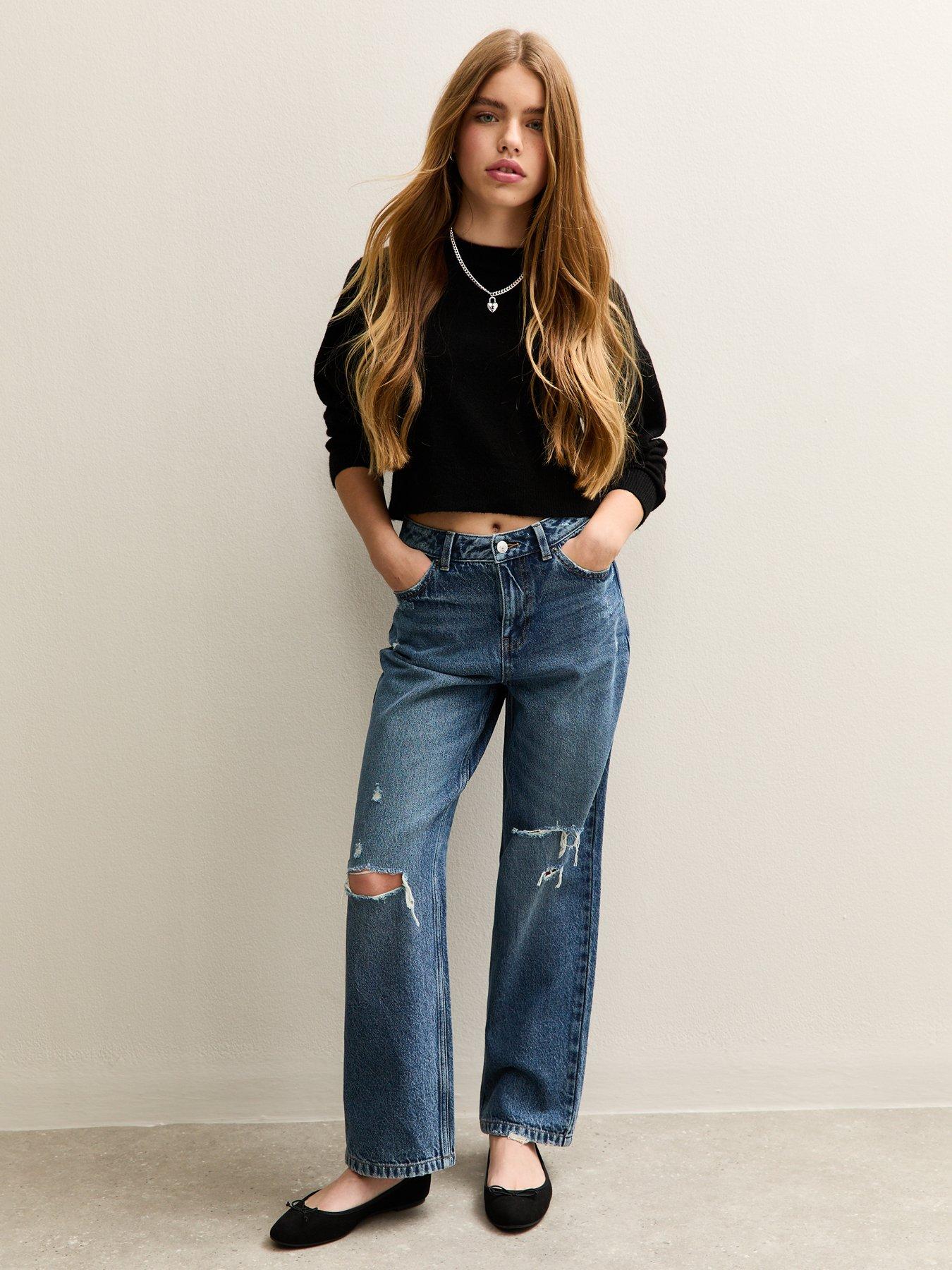 Image 3 of 5 of New Look 915 Girls Mid Ripped Knee Wide Leg Jeans - Blue