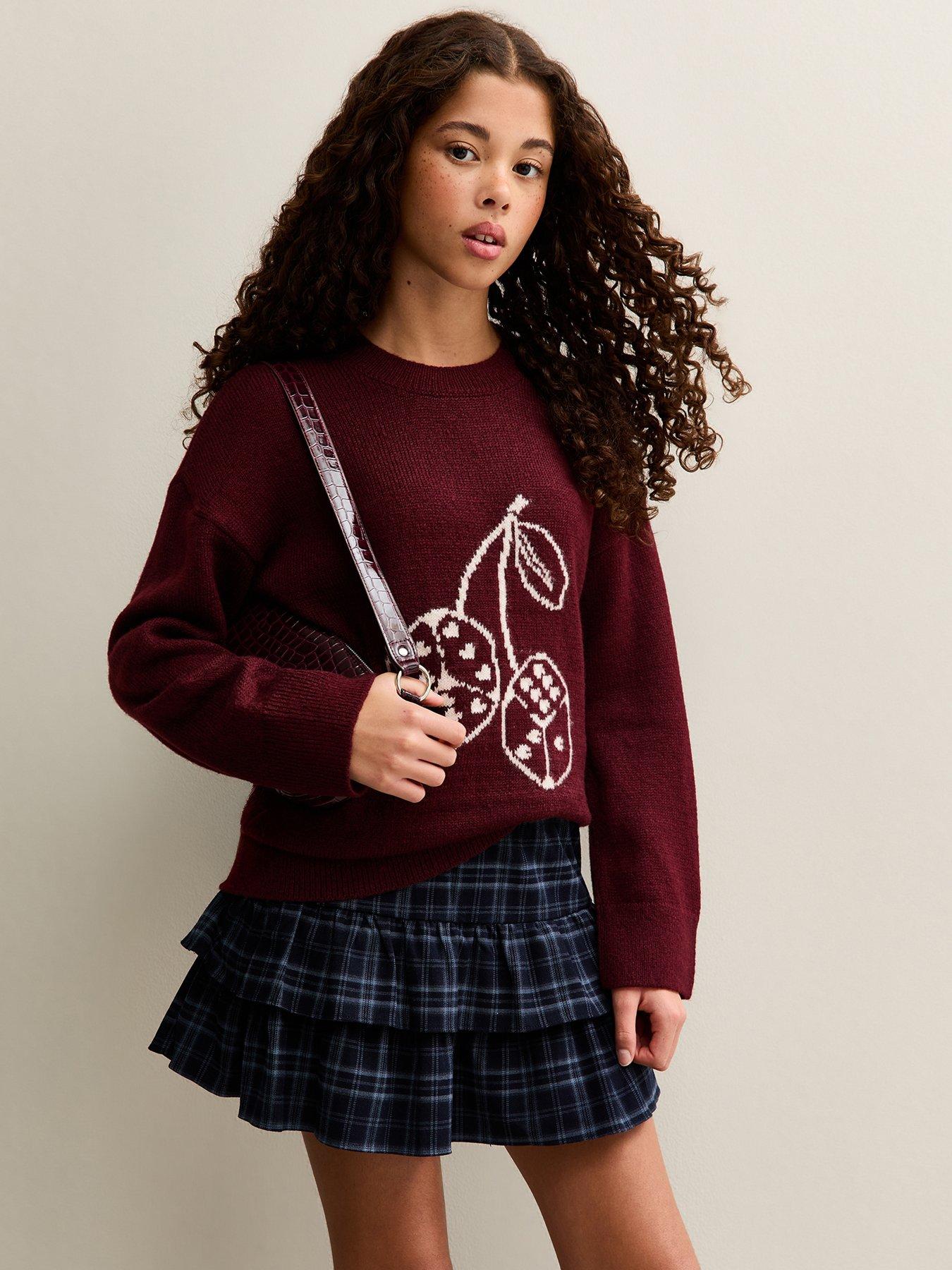 New Look 915 Girls Burgundy Dice Knitted Jumper - Dark Red