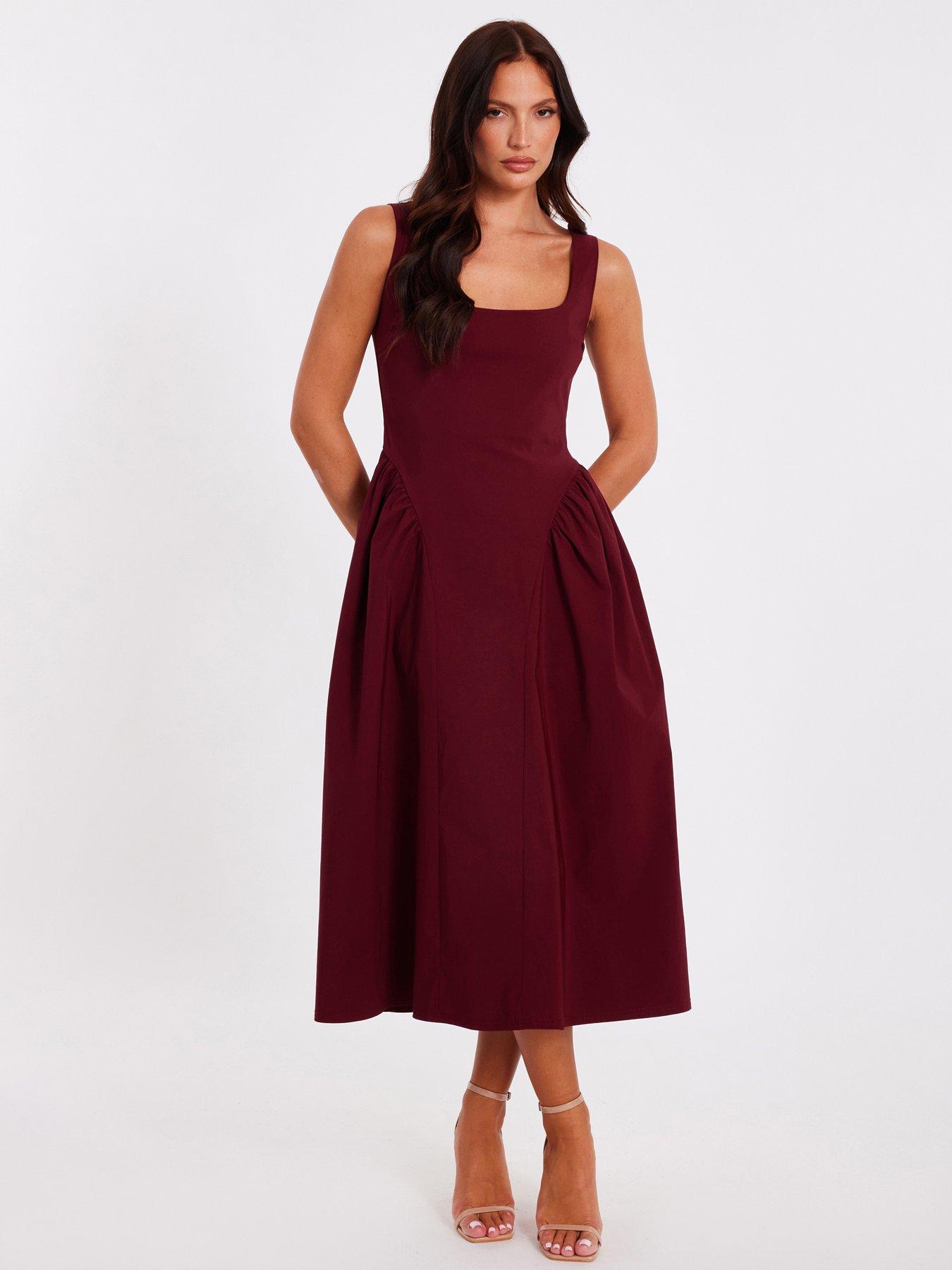 undefined Dark Red Gathered Side Midi Dress