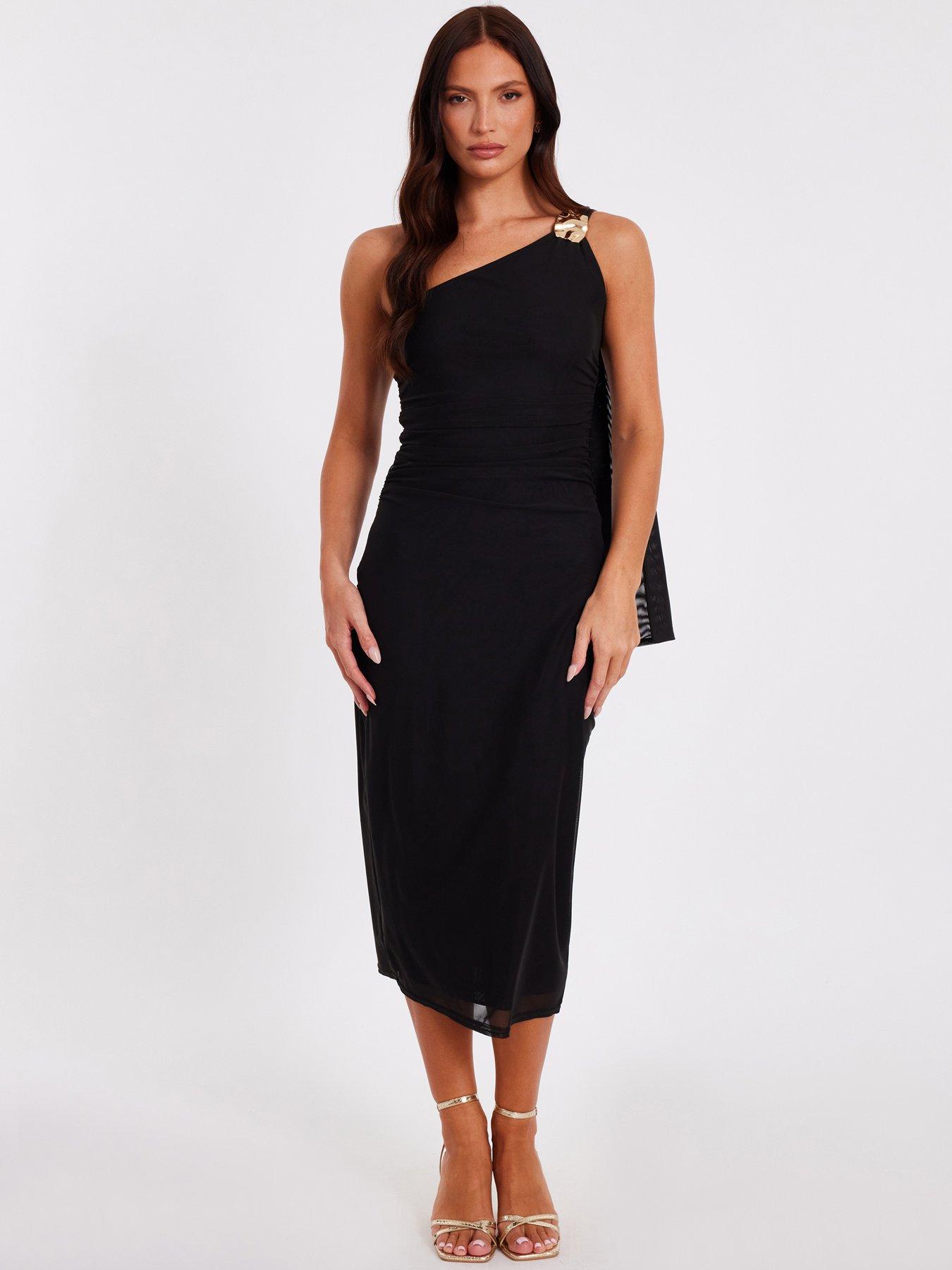 undefined Black Mesh One Shoulder Midi Dress
