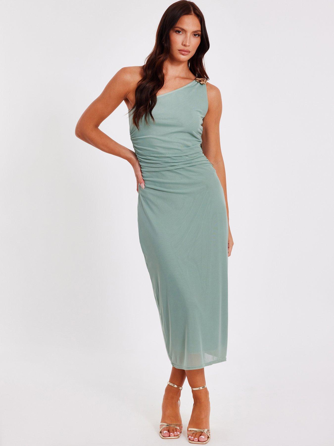 undefined Light Green Mesh One Shoulder Midi Dress