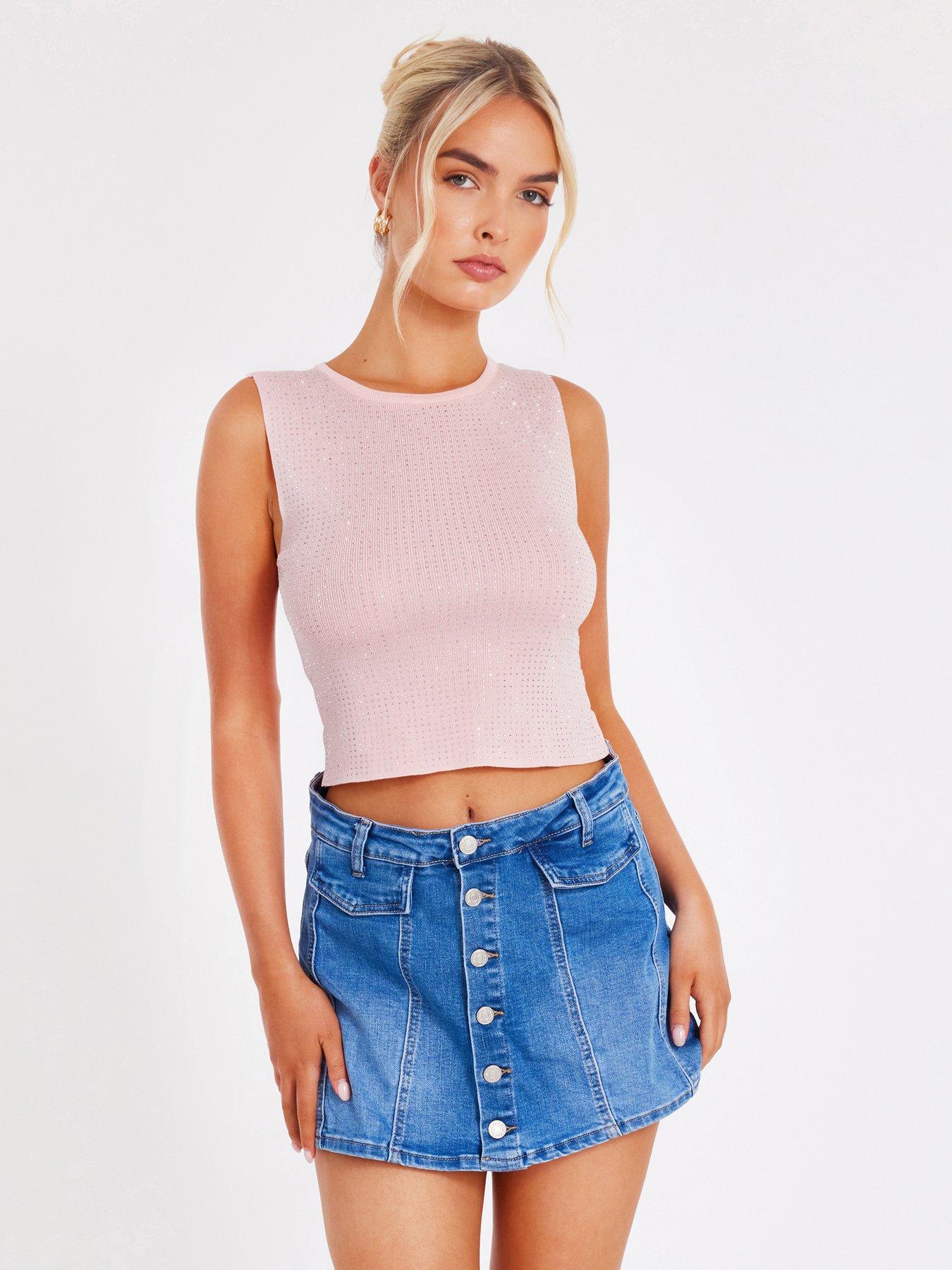 undefined Pale Pink Knit Diamante Crop Top