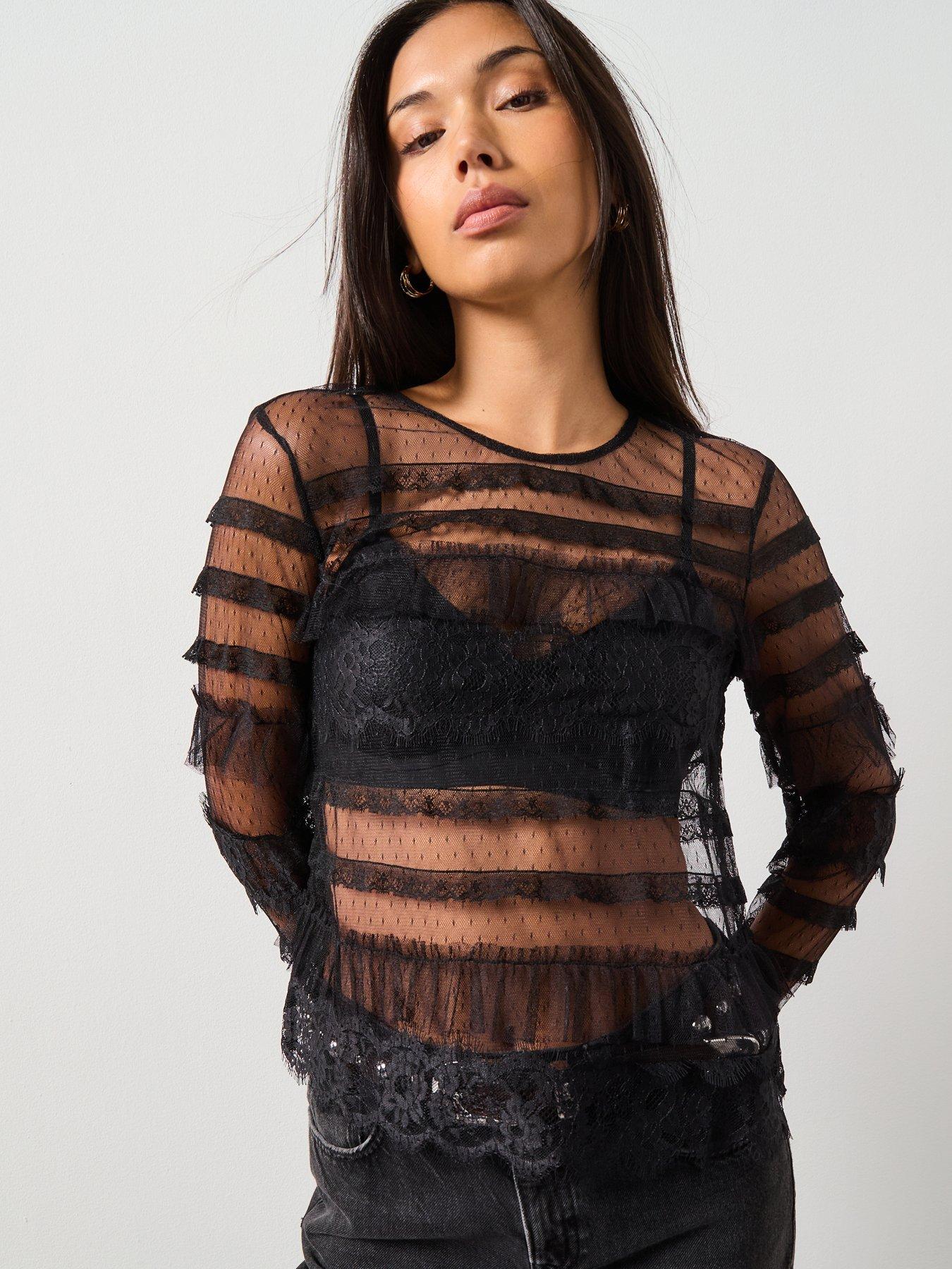 AllSaints Arlea Tulle Top, Black, Size 16, Women