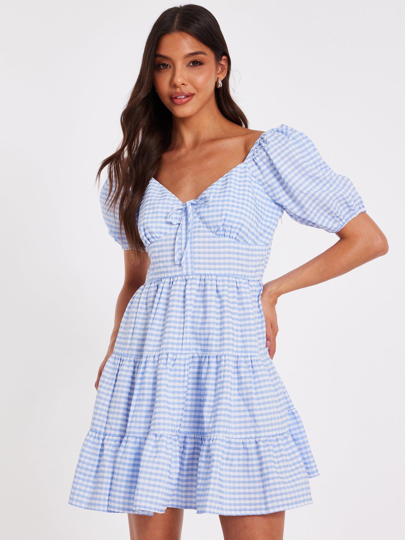undefined Blue Gingham Puff Sleeve Dress
