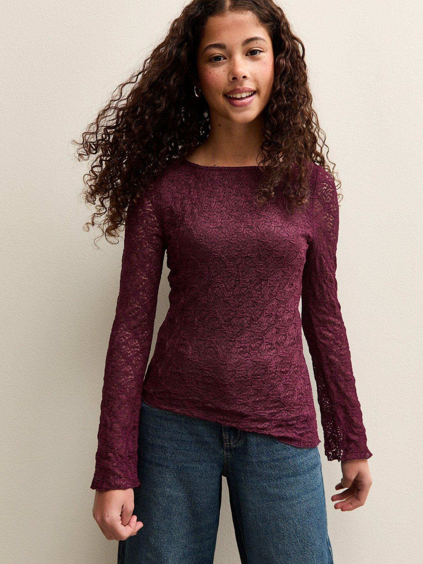 New Look 915 Girls Long Sleeve Lace Asymmetric Hem Top - Dark Burgundy
