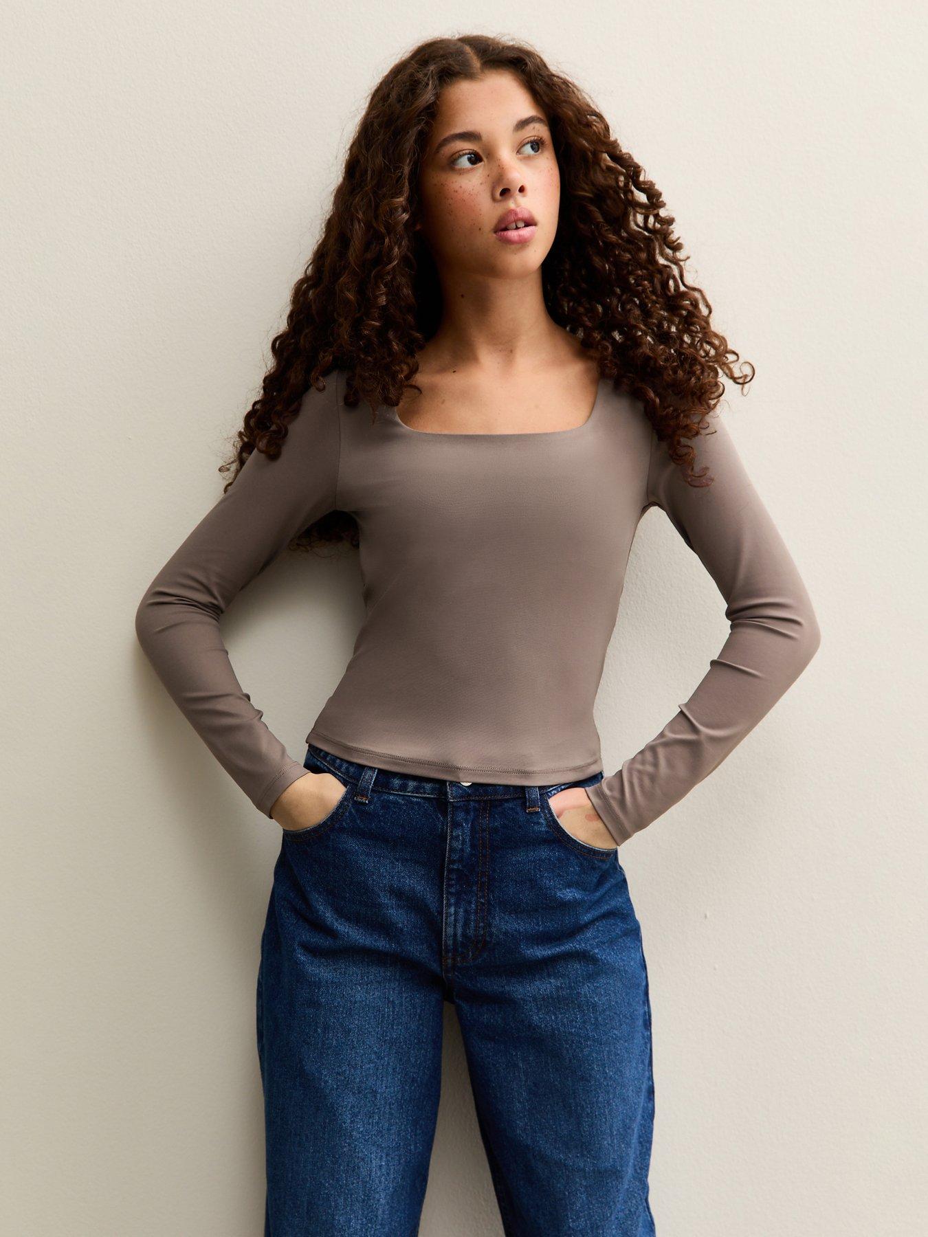 New Look 915 Girls Mink Long Sleeve Square Neck Top - Beige