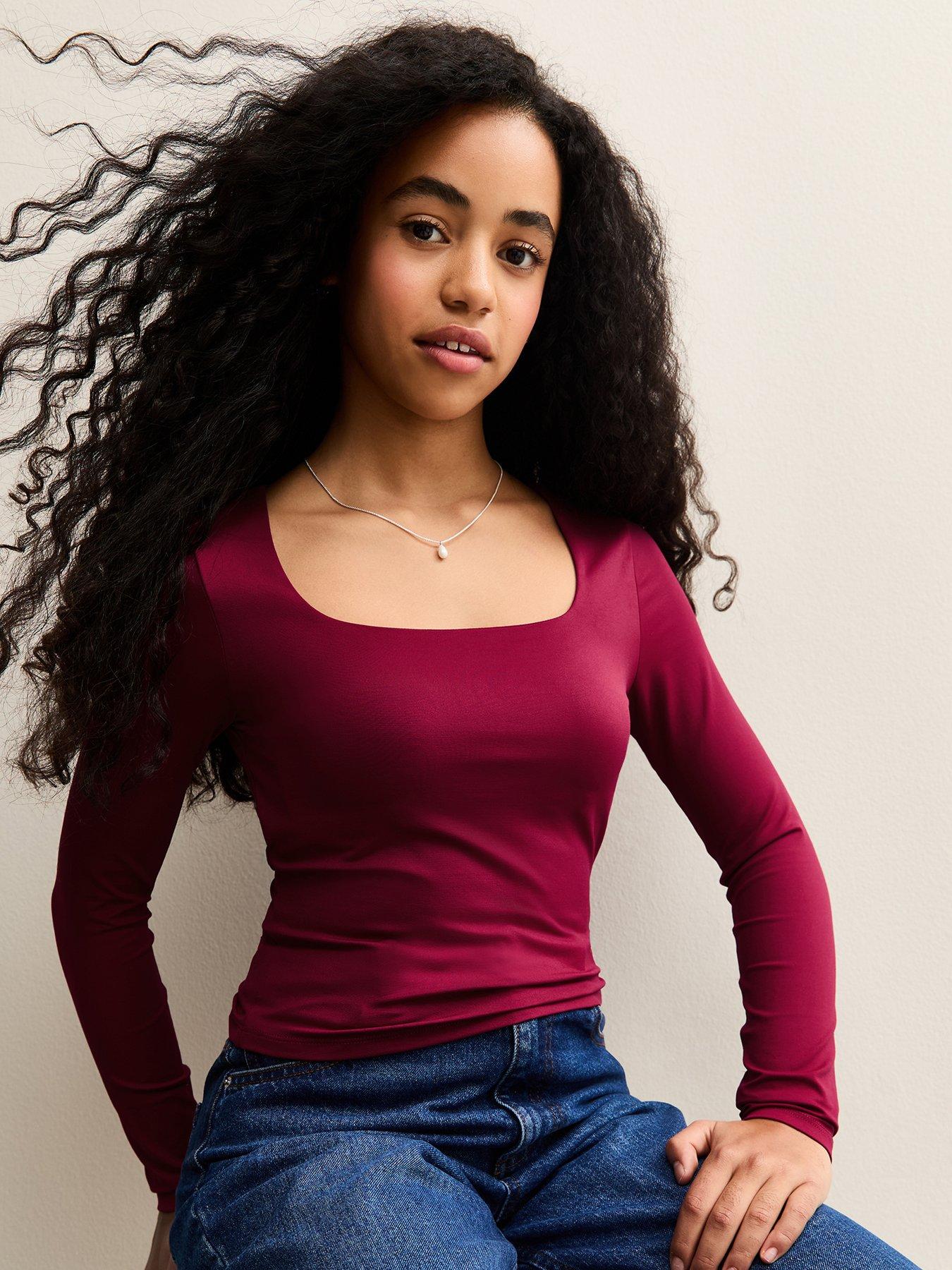 New Look 915 Girls Dark Burgundy Long Sleeve Square Neck Top - Dark Red