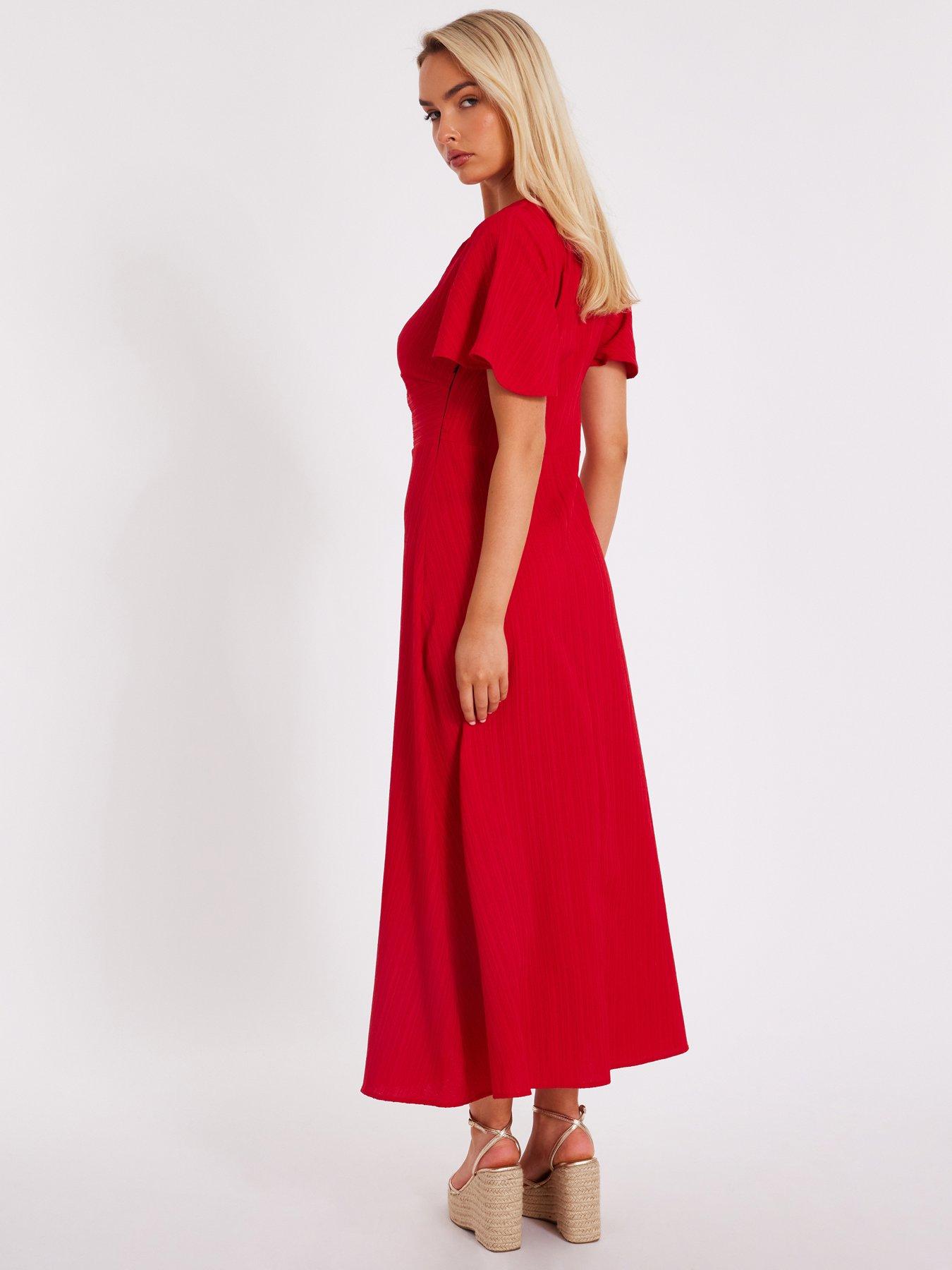 knee length dresses for ladies Red Tartan Plaid Smocked Square Neck 1/2 Puff Sleeve Tie Waist Midi Dress Red / L / 75%Polyester+25%Cotton