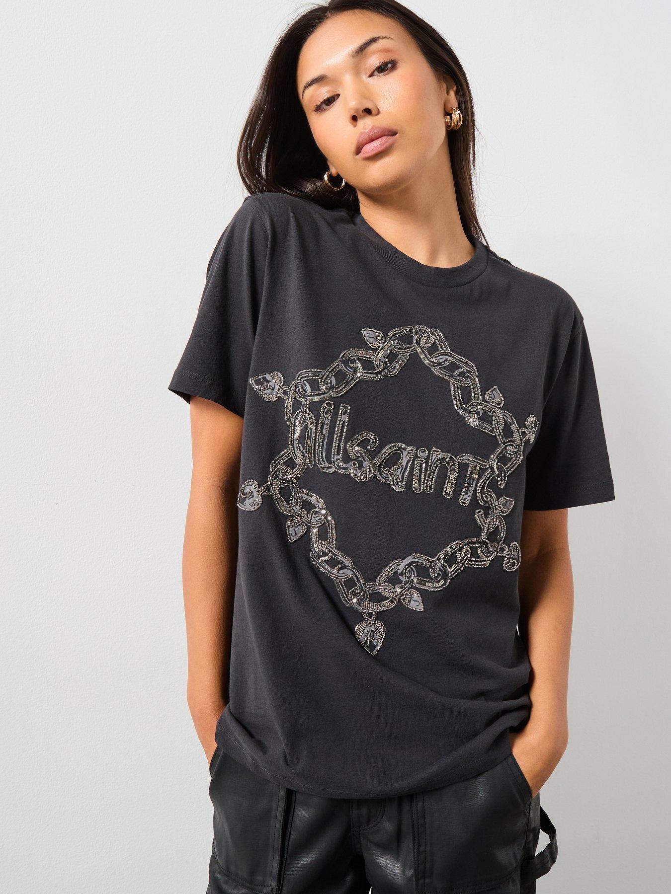 AllSaints Drip Embellished Boyfriend T-Shirt - Black