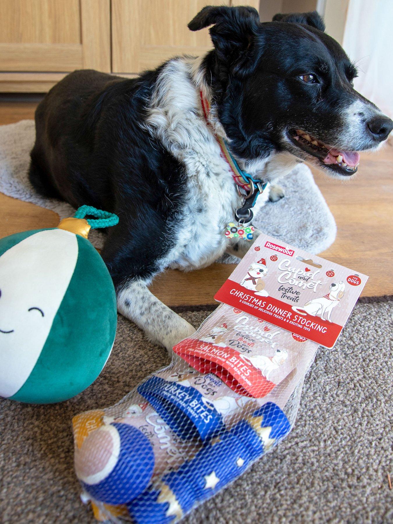 Rosewood Christmas Dinner Dog Stocking  & Blitzen Bauble Extra-Large Festive Giggling Dog Toy Bun