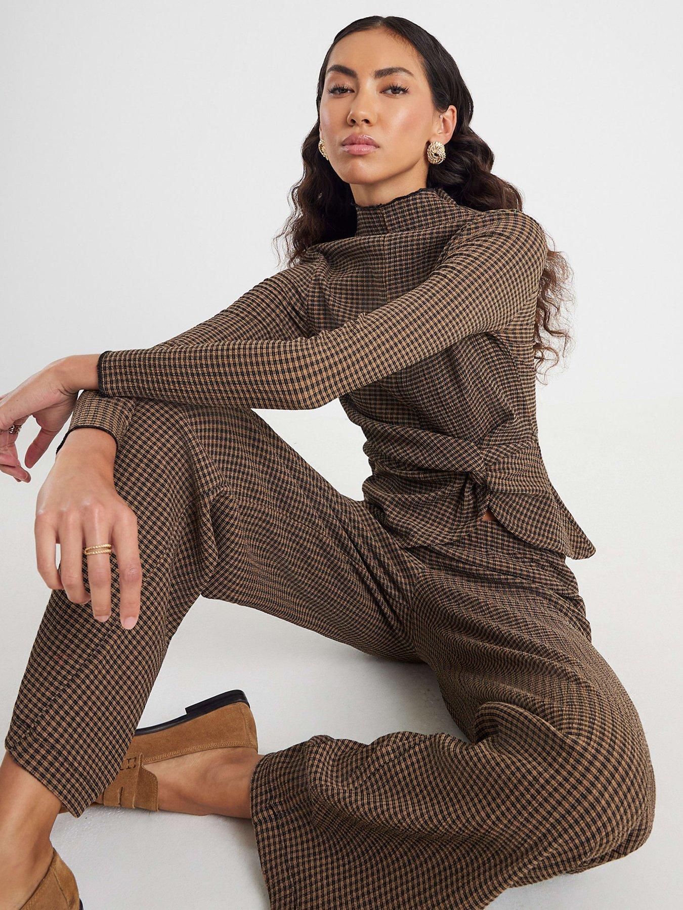 River Island Long Sleeve Twist Side Check Top - Brown