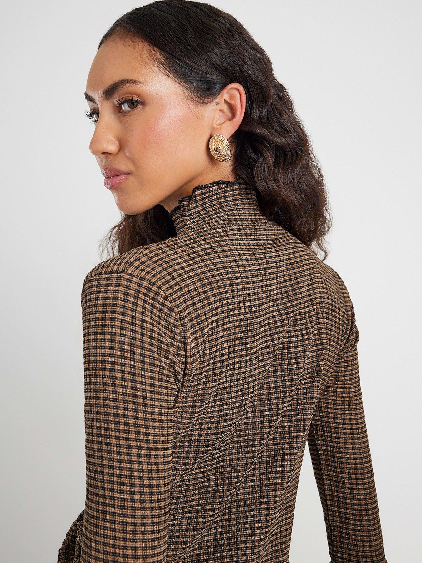 Image 2 of 4 of River Island Long Sleeve Twist Side Check Top - Brown