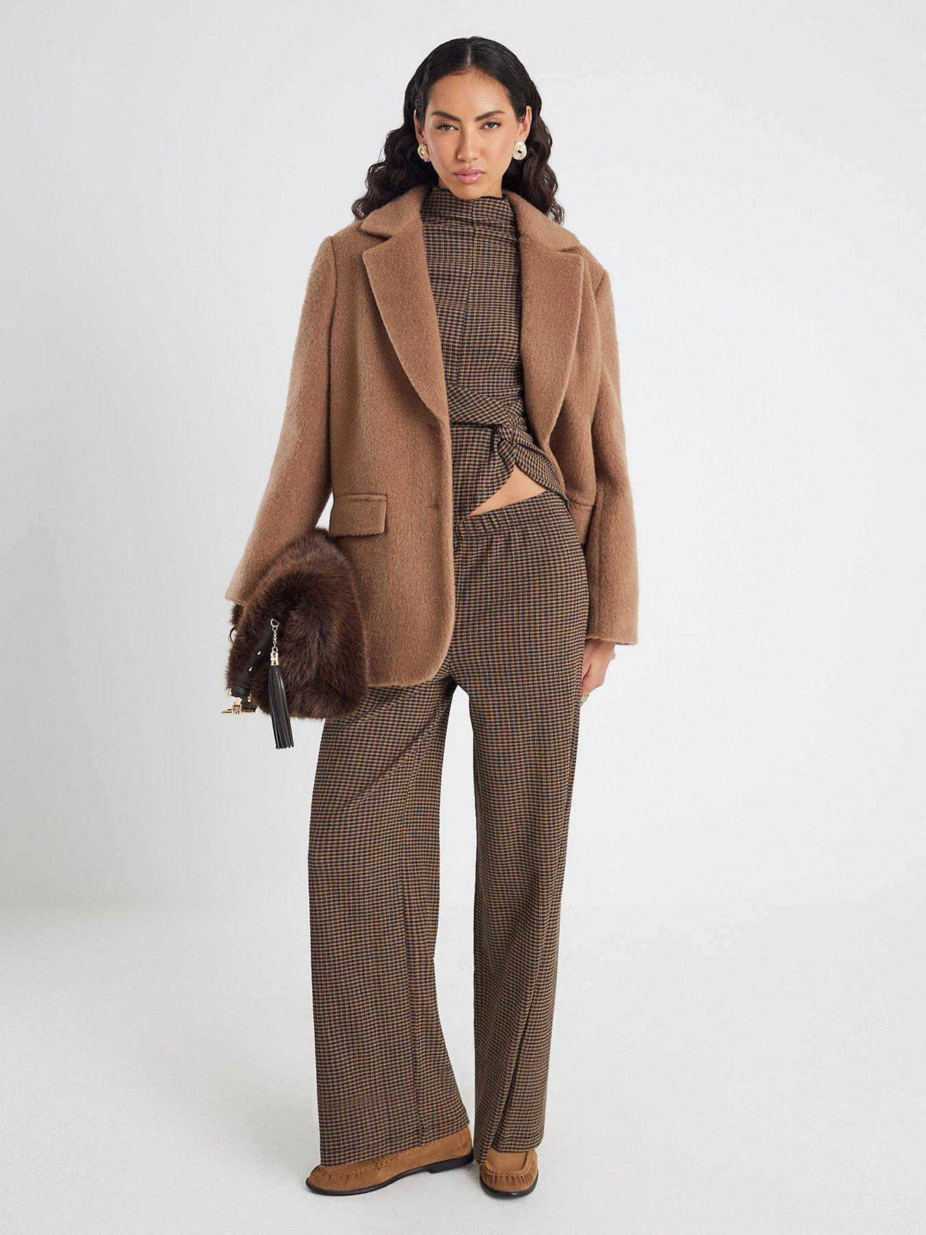 Image 3 of 4 of River Island Long Sleeve Twist Side Check Top - Brown