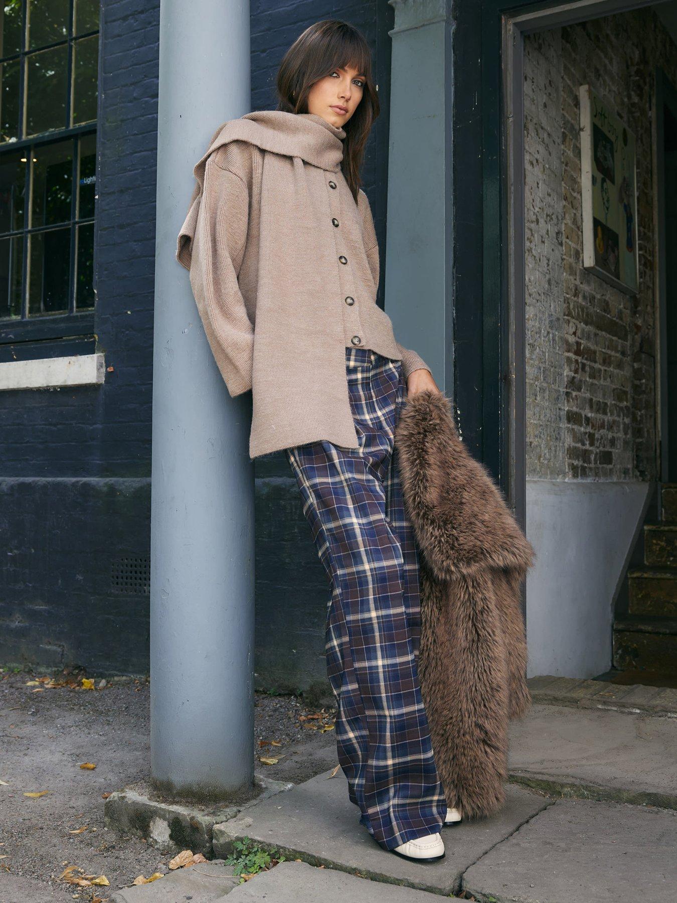 River Island Tartan Wide Leg Trousers - Brown