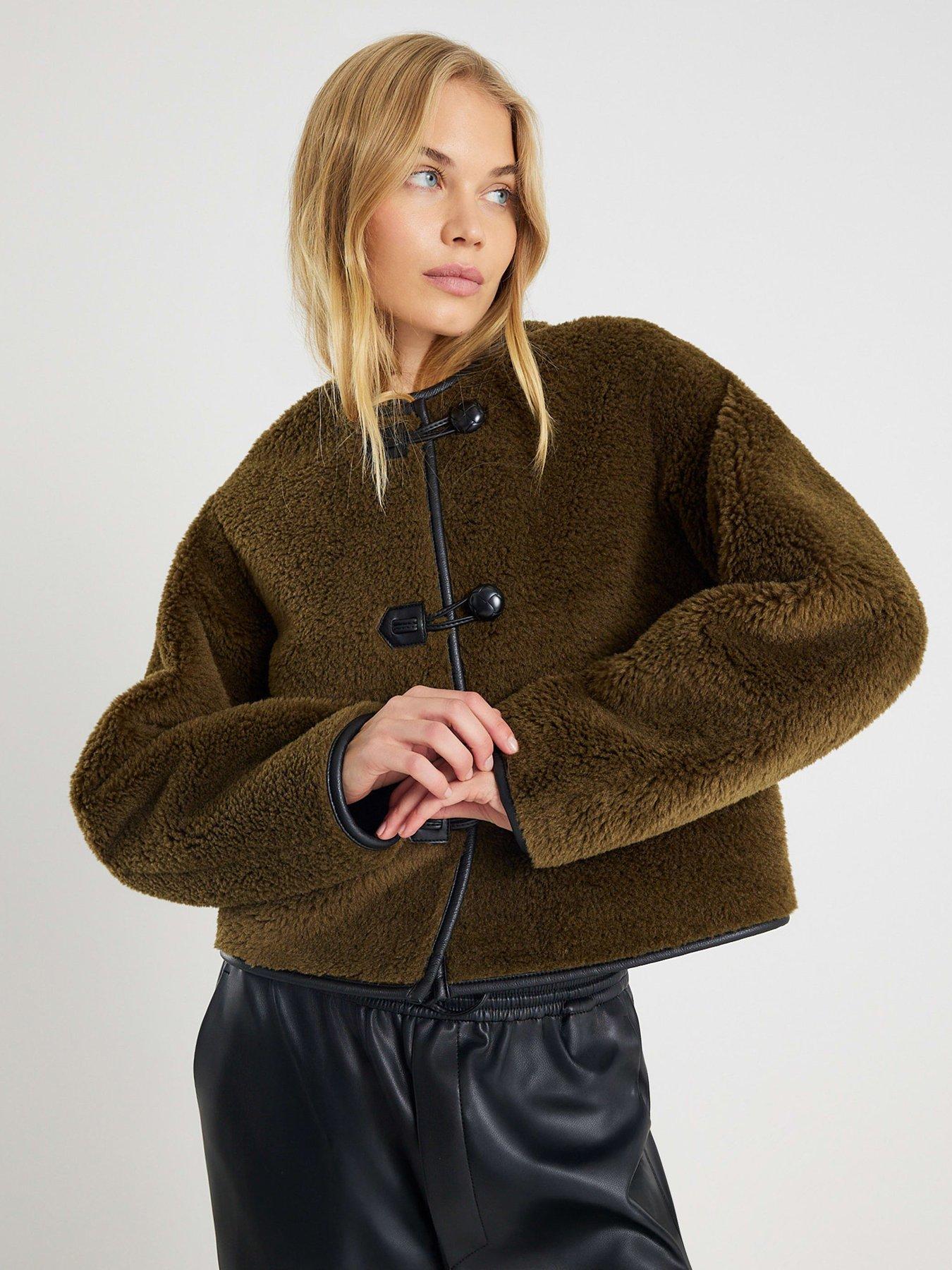 Image 1 of 4 of River Island Borg Button Through Duffle - Khaki