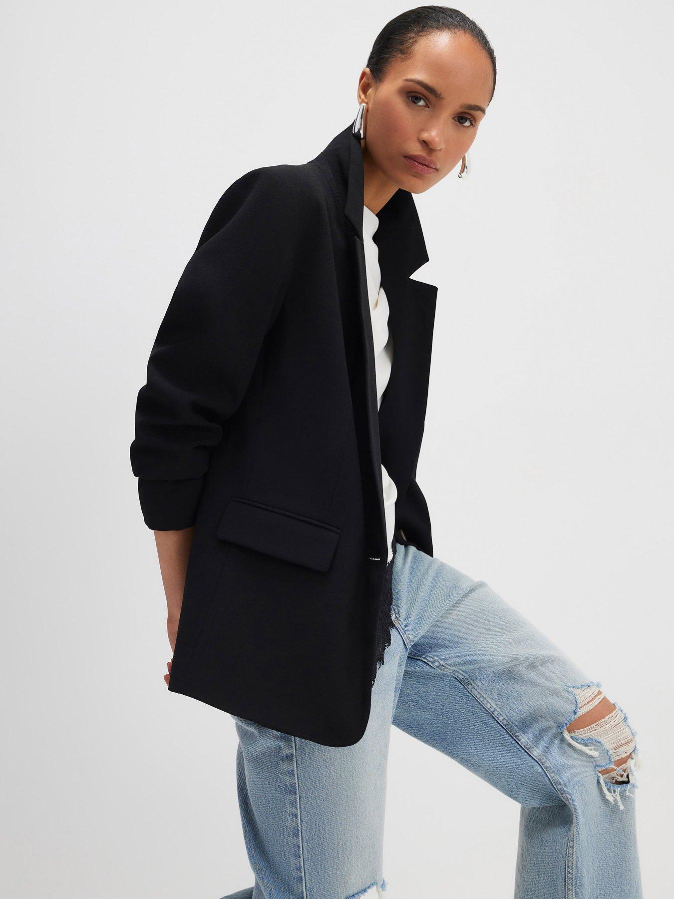 River Island: Long Sleeve Crepe Ruched Sleeve Blazer - Black