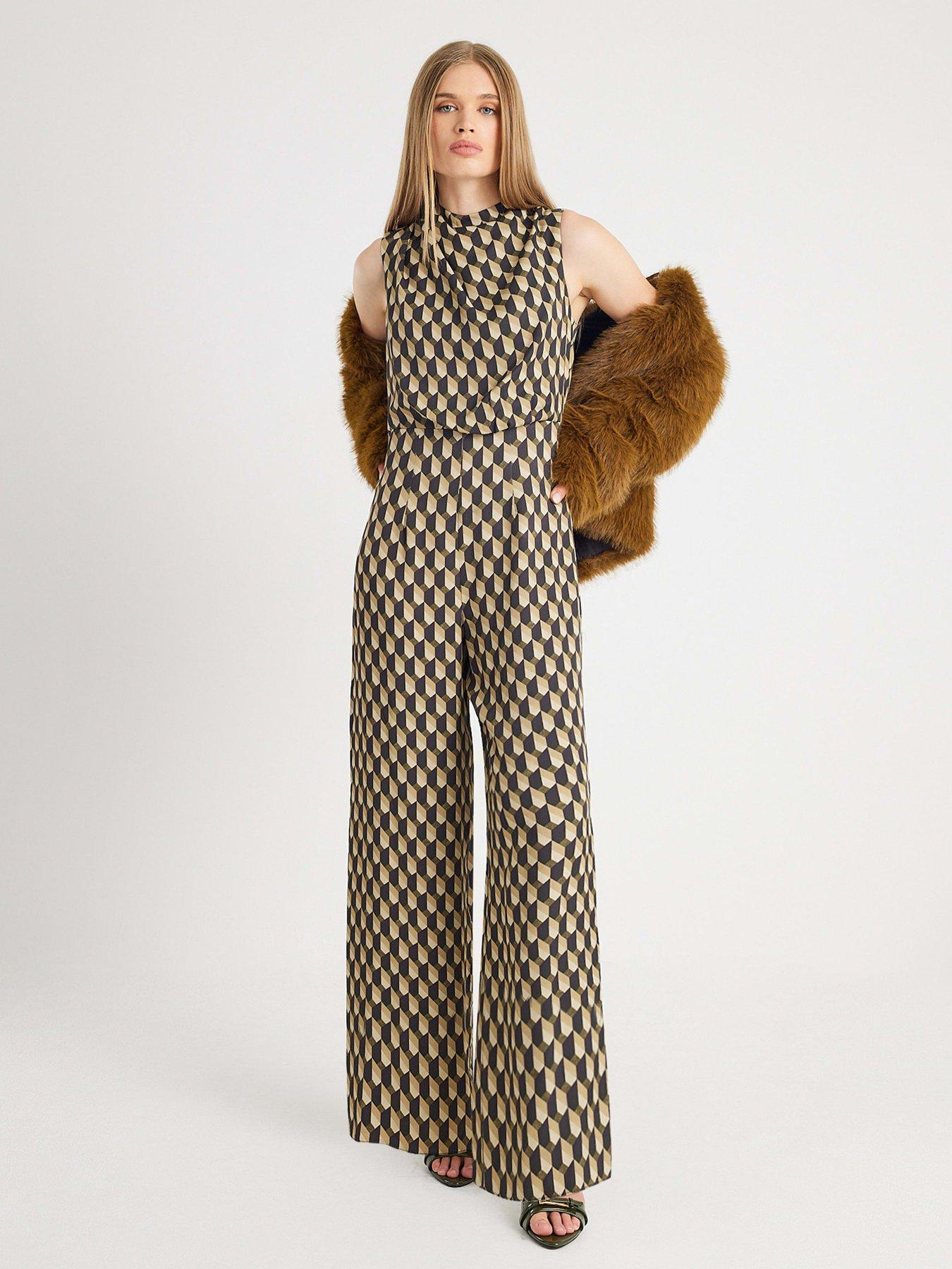 Image 1 of 4 of River Island Geo Drape Cowl Jumpsuit - Green