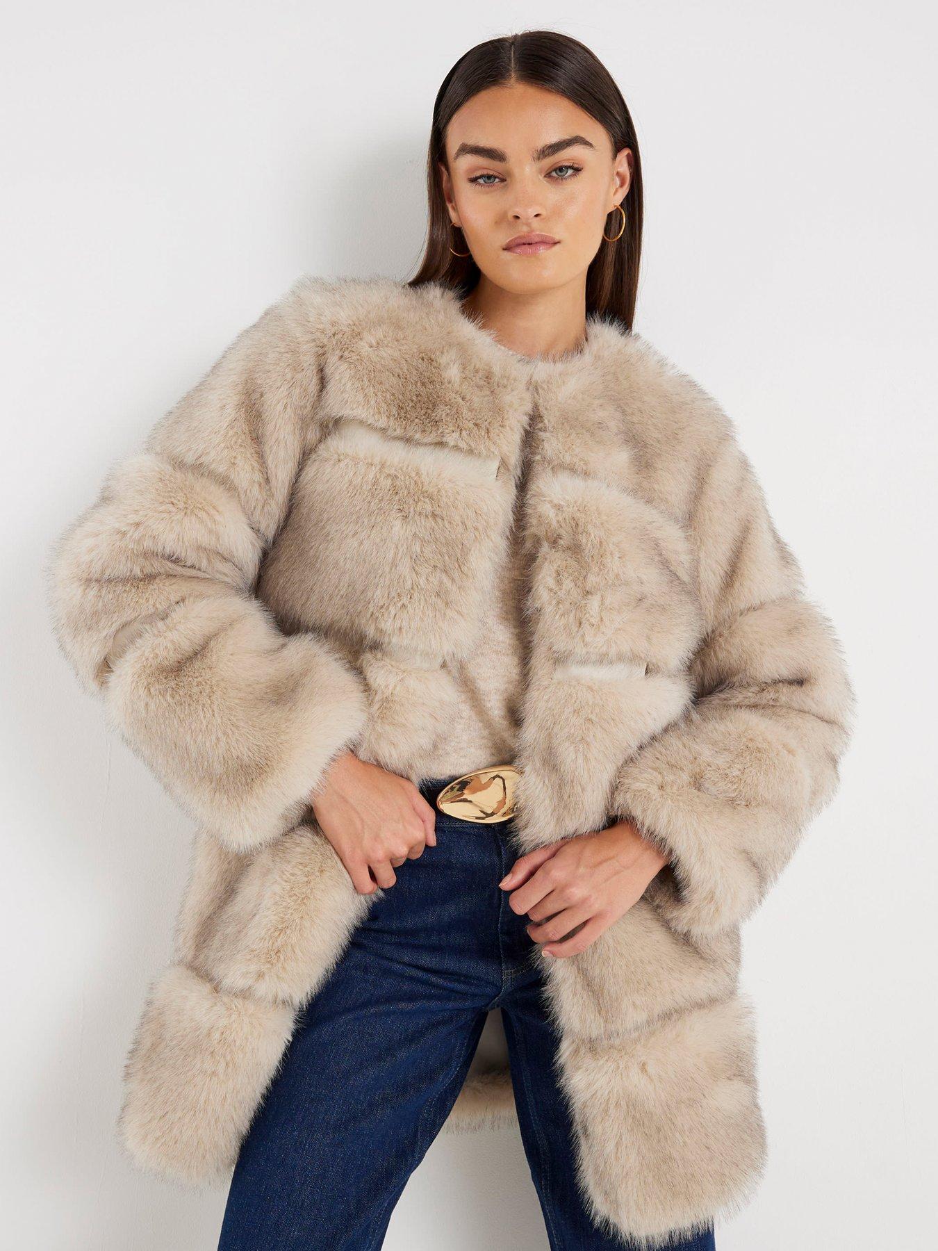 River Island Long Panelled Faux Fur Coat - Cream | Very