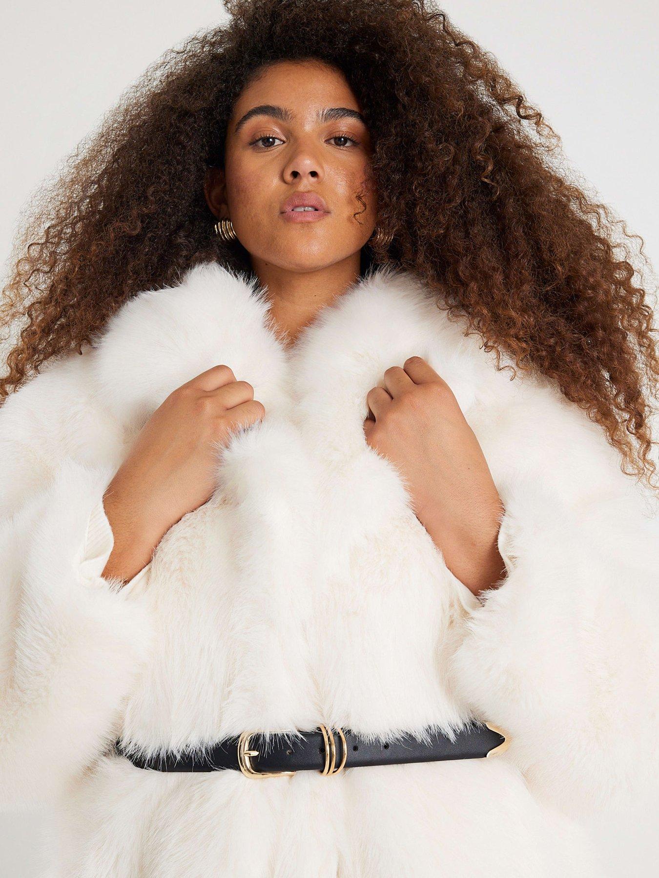 Image 4 of 4 of River Island Belted Mid Length Faux Fur Coat - Cream
