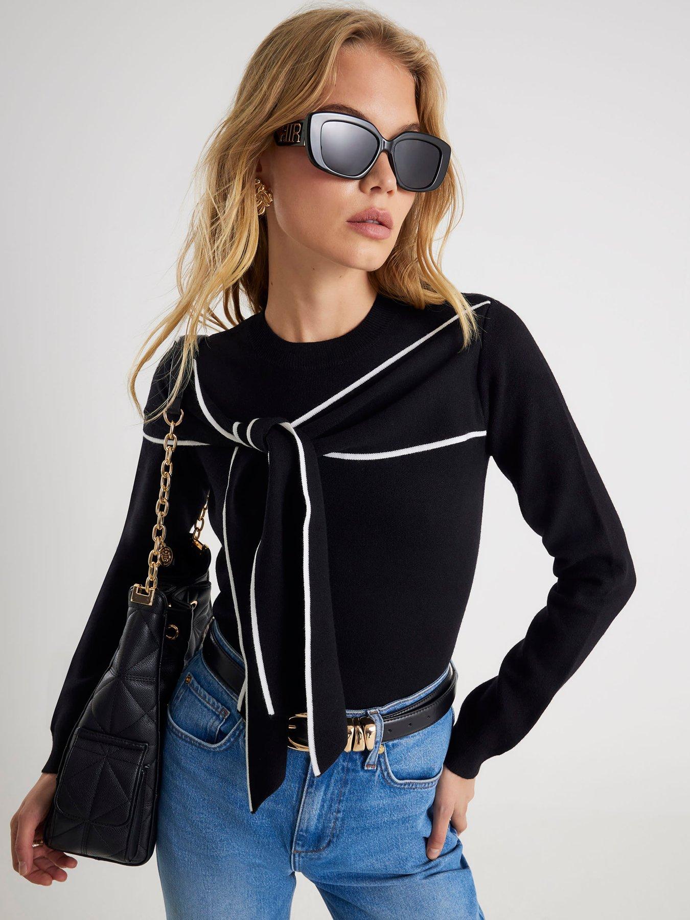 River Island Long Sleeve Mono Tipped Bow Knit Jumper - Black
