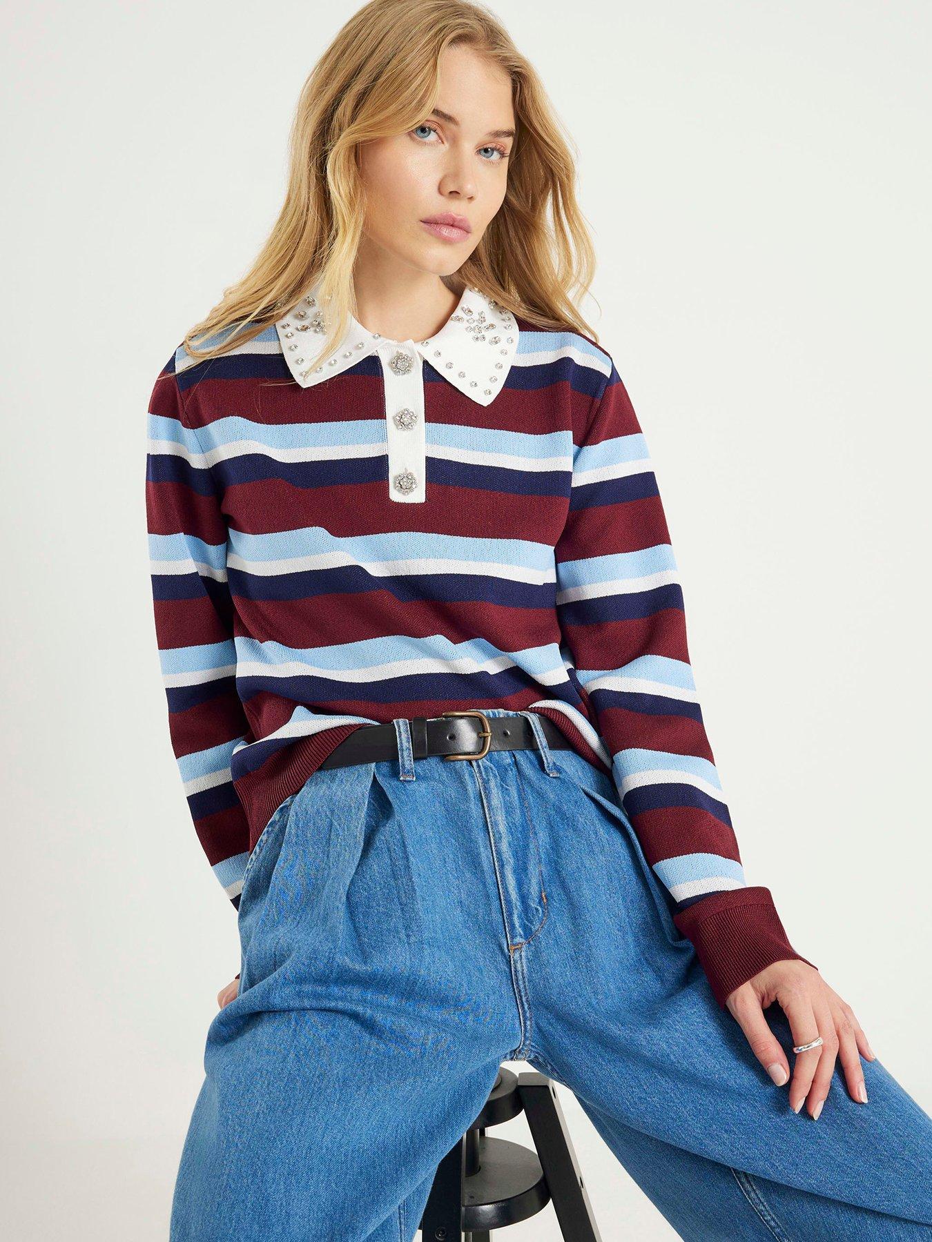 River Island Diamante Trim Rugby Polo - Dark Red