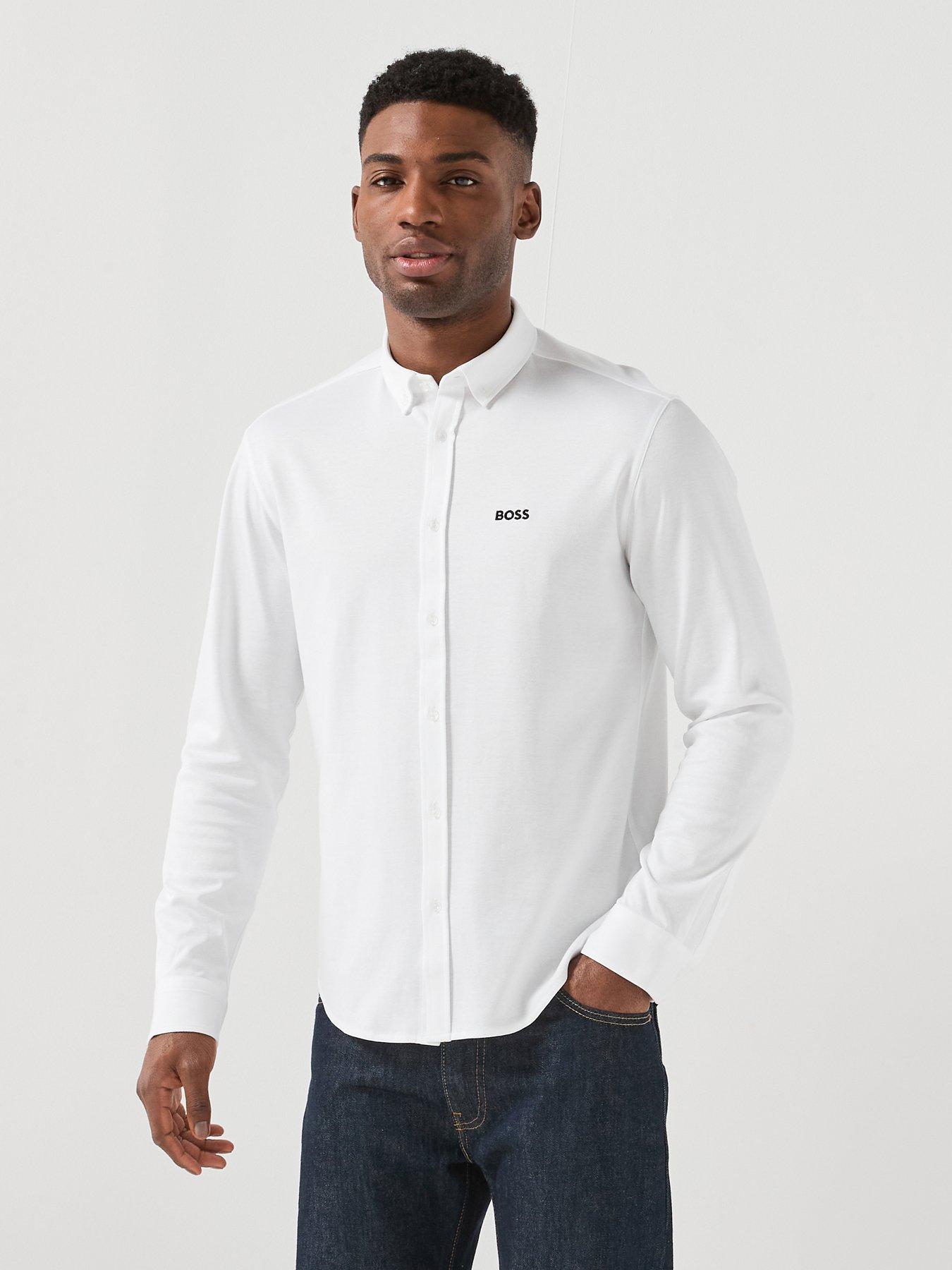 BOSS Long Sleeve Plain Shirt, White, Size S, Men