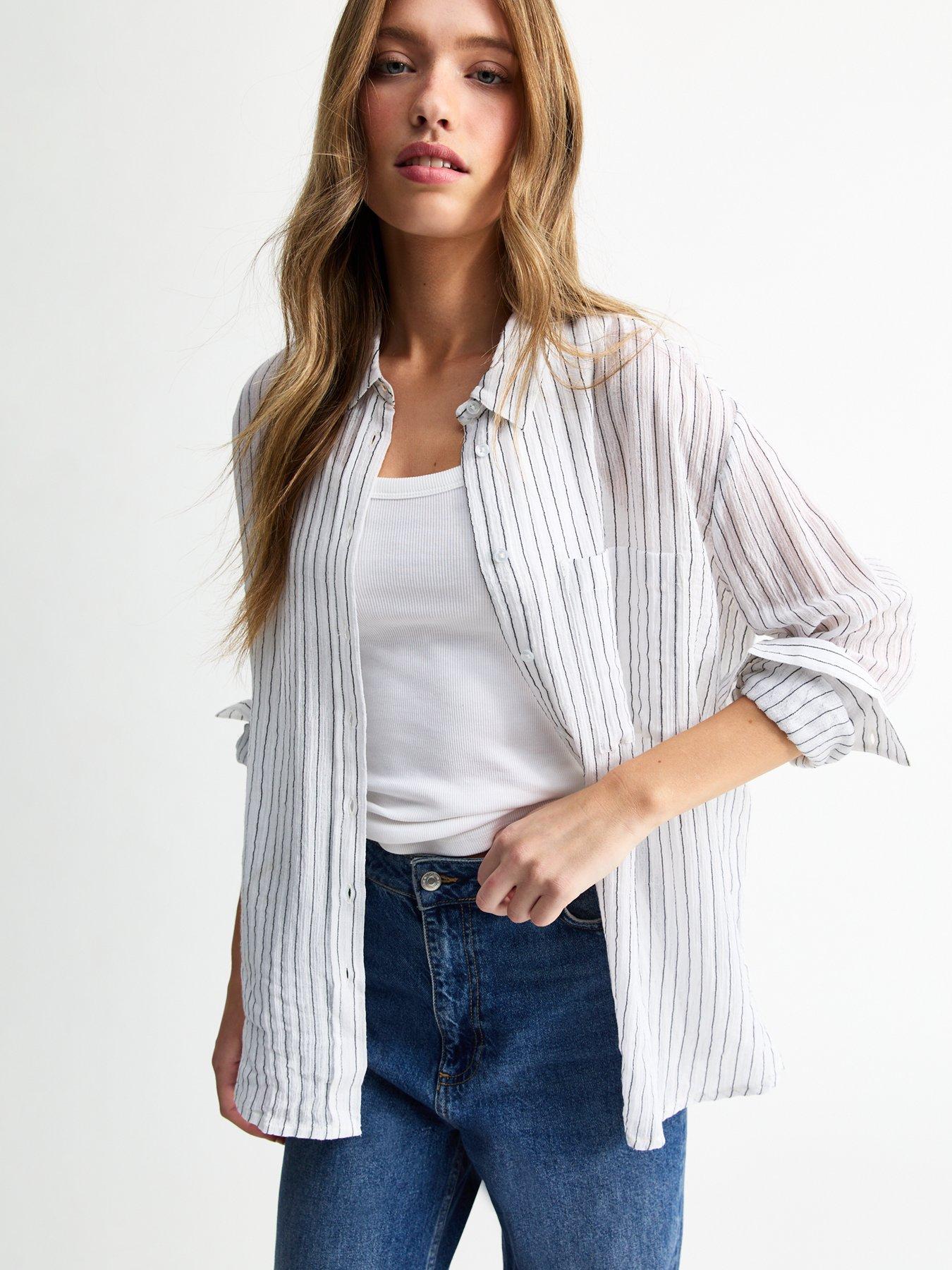 undefined Crinkle Textured Lightweight Stripe Print Shirt- White