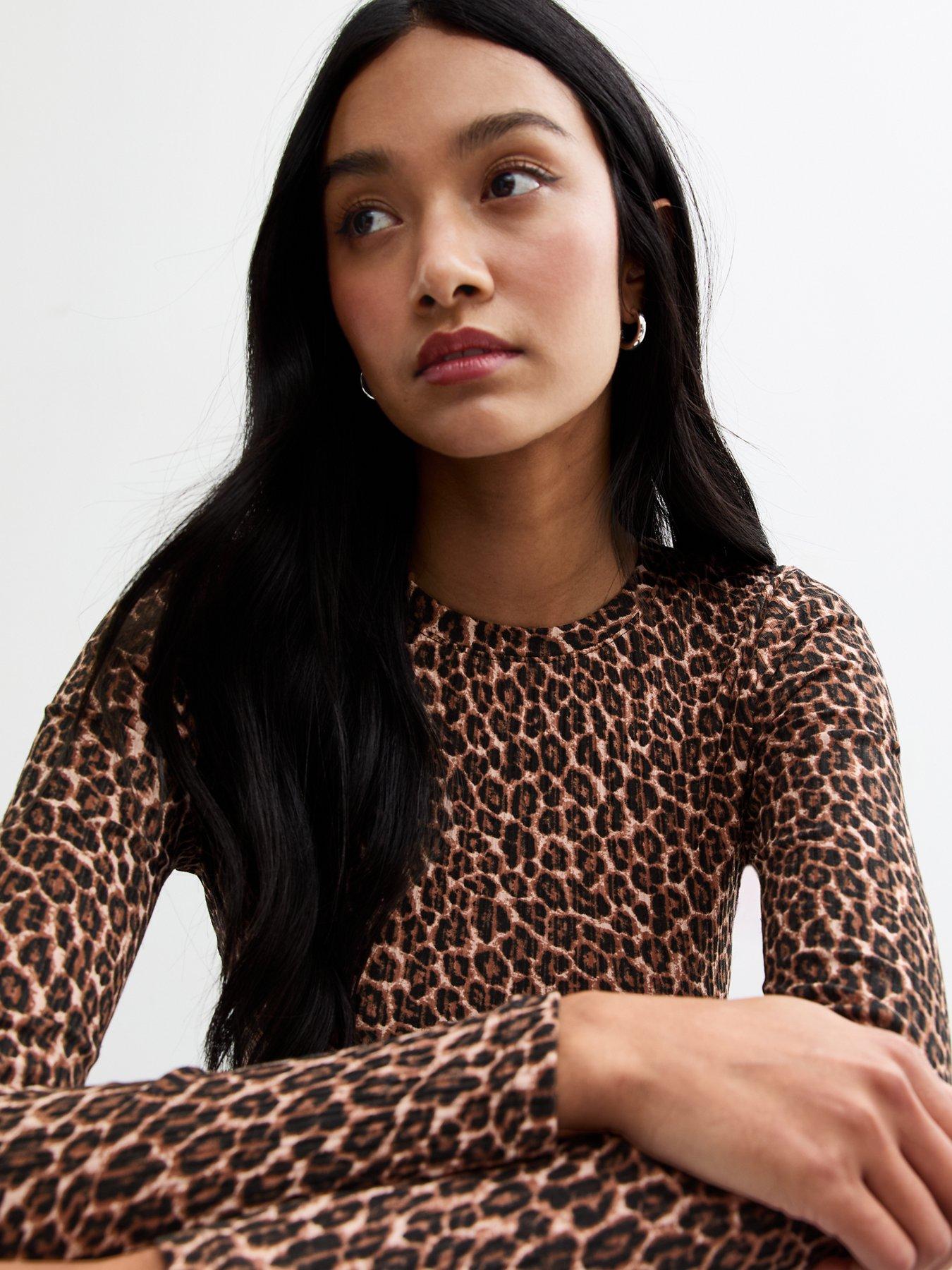 Image 4 of 4 of New Look Leopard Print Ribbed Bodysuit - Brown