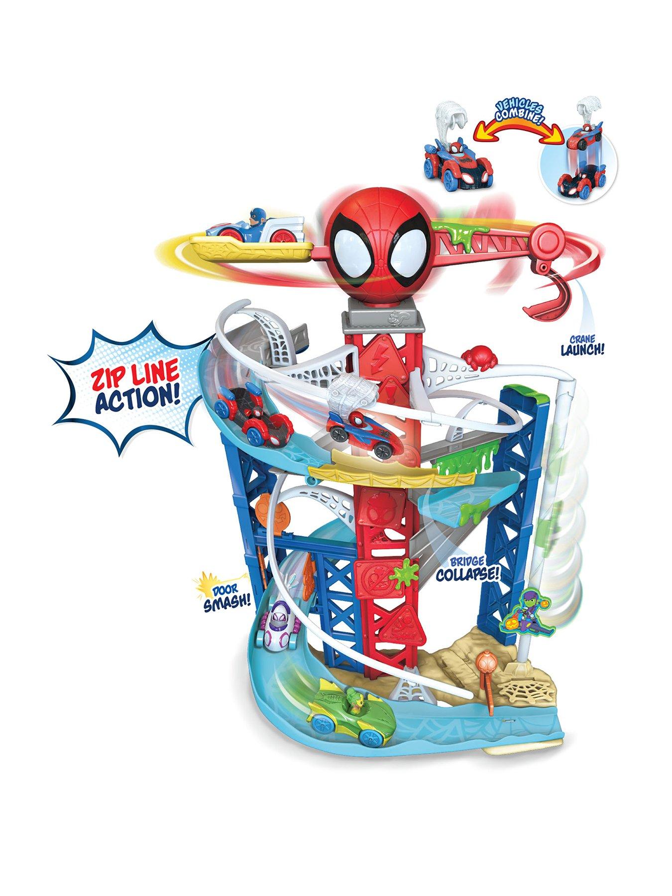 Spidey and His Amazing Friends MARVEL Spidey and His Amazing Friends Construction Zone Chaos Track Set - 2-Foot High Dual Race Track with Zip Line, Play Zones, and Exclusive Vehicles