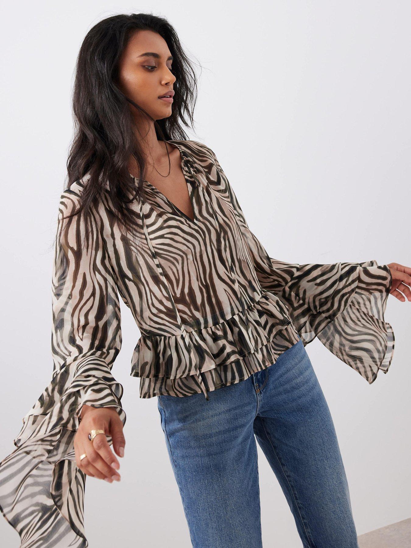 undefined Zebra Print Ruffle Top - Black